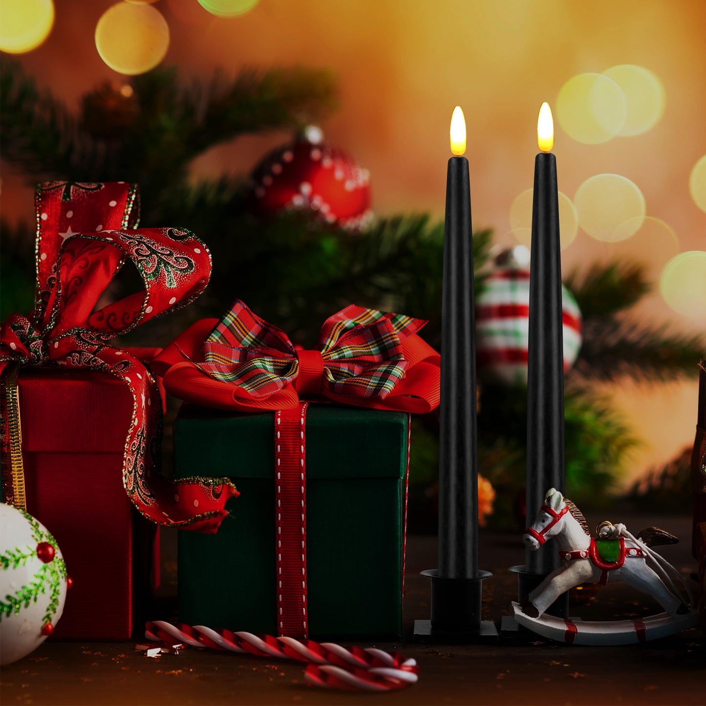 CVHOMEDECO. Flameless Taper Candles with 10-Key Remote, Battery Operated Led Flickering 3D Wick Window Candles Real Wax Finished Home Christmas Party Decor 0.78 x 11 Inch, Pack of 2, Black
