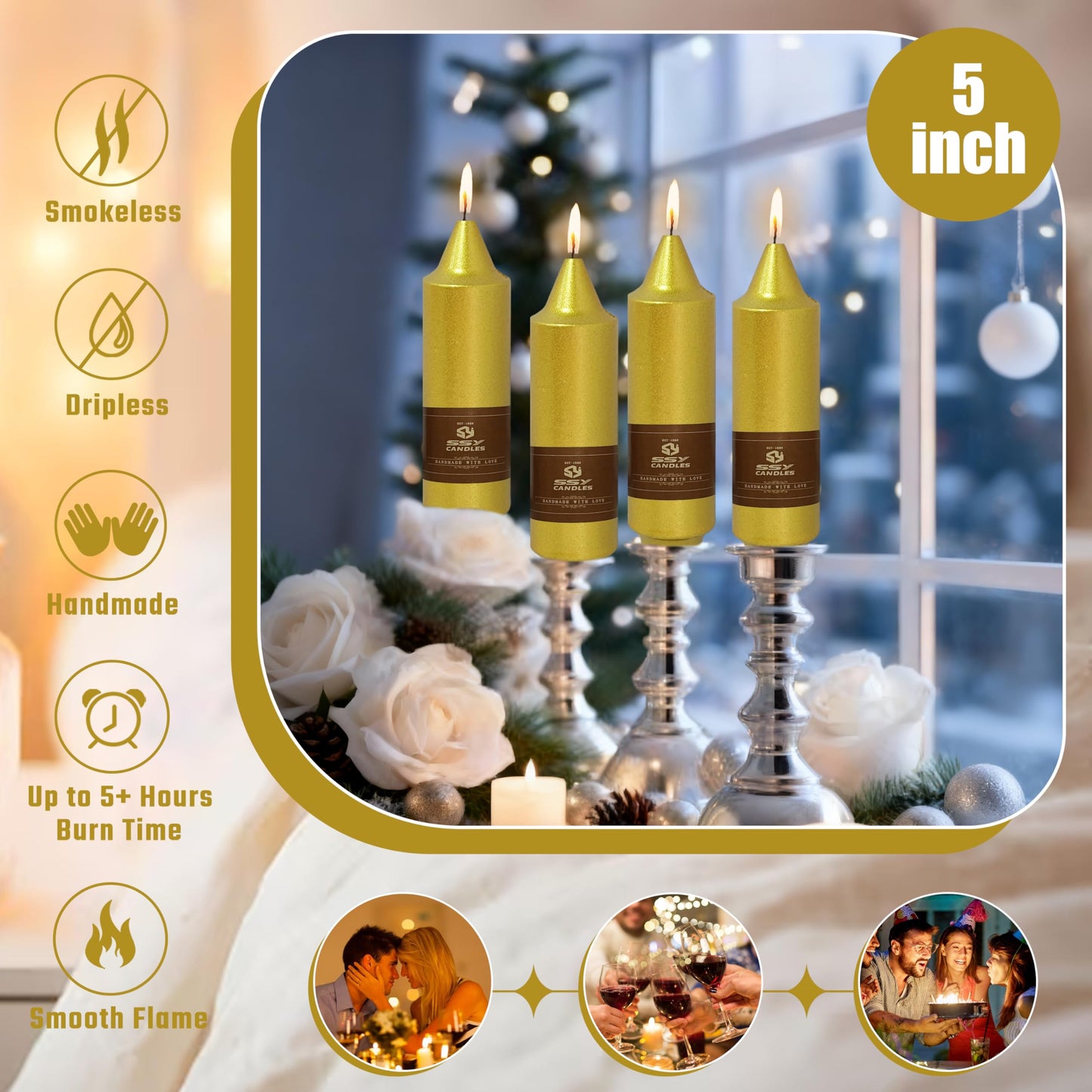 Christmas Metallic Gold Candle 5 Inch Short Smokeless Taper Candles 4 Pack Unscented Dinner Candle for Christmas Dinner