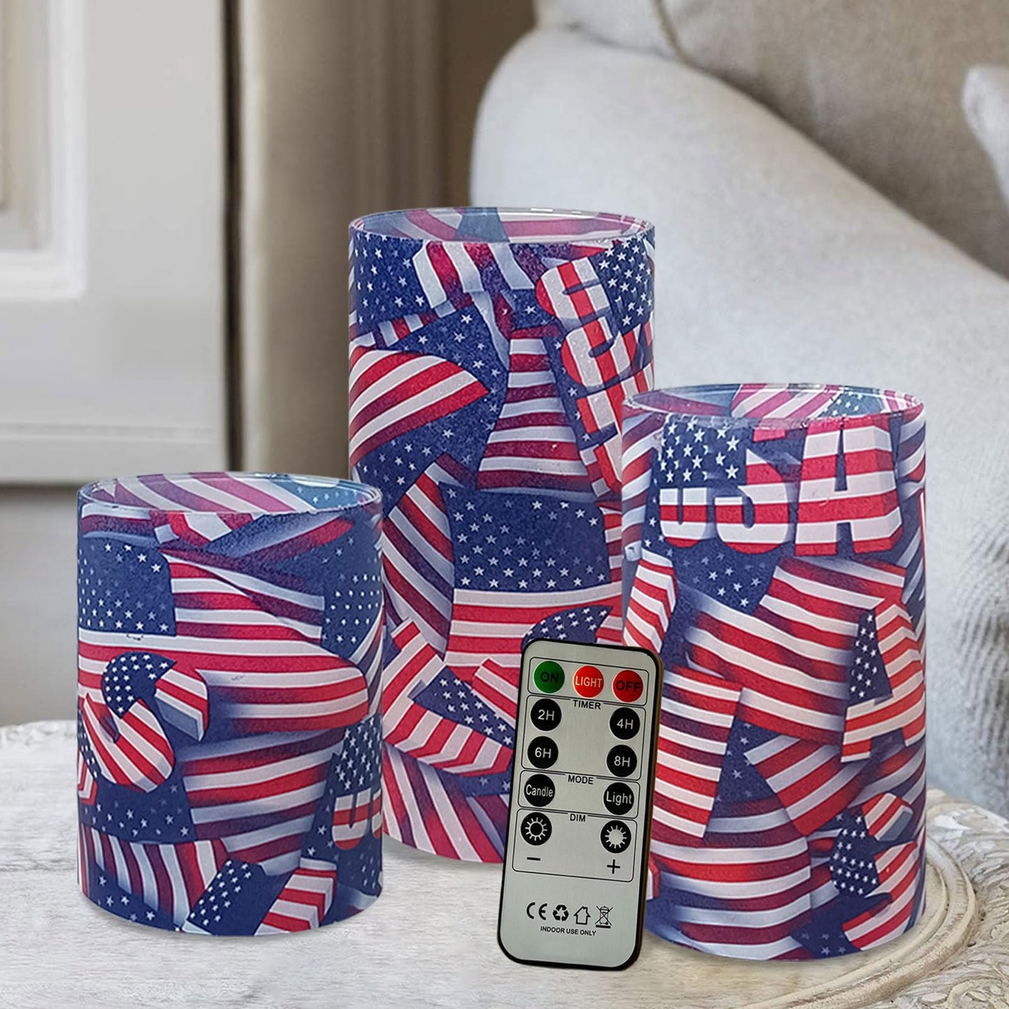 NJAO HOO Patriotic American Flag Flameless LED Battery Operated Pillar Candles with Remote Control and Timer, 4th of July Candles for Home Decor Set of 3