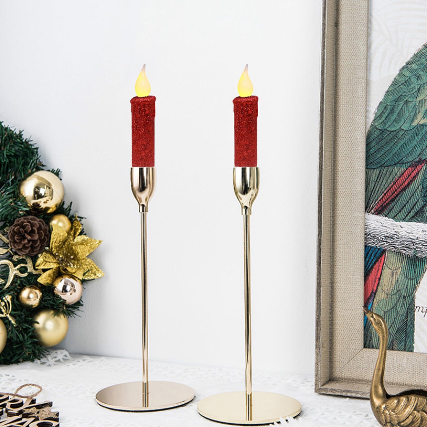CVHOMEDECO. Glitter Flameless Candles Flickering Battery Operated LED Taper Candles with Timer for Home, Wedding, Halloween, Christmas Decor. Red, 4-3/4 Inch, Set of 2