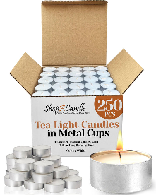 250 Pack Tealight Candles in Metal Cups - Clean, White Unscented Tealight with 3 Hour Long Burning Time - Votive Candles Bulk for Romantic Dinner, Weddings, Spa & Hotels