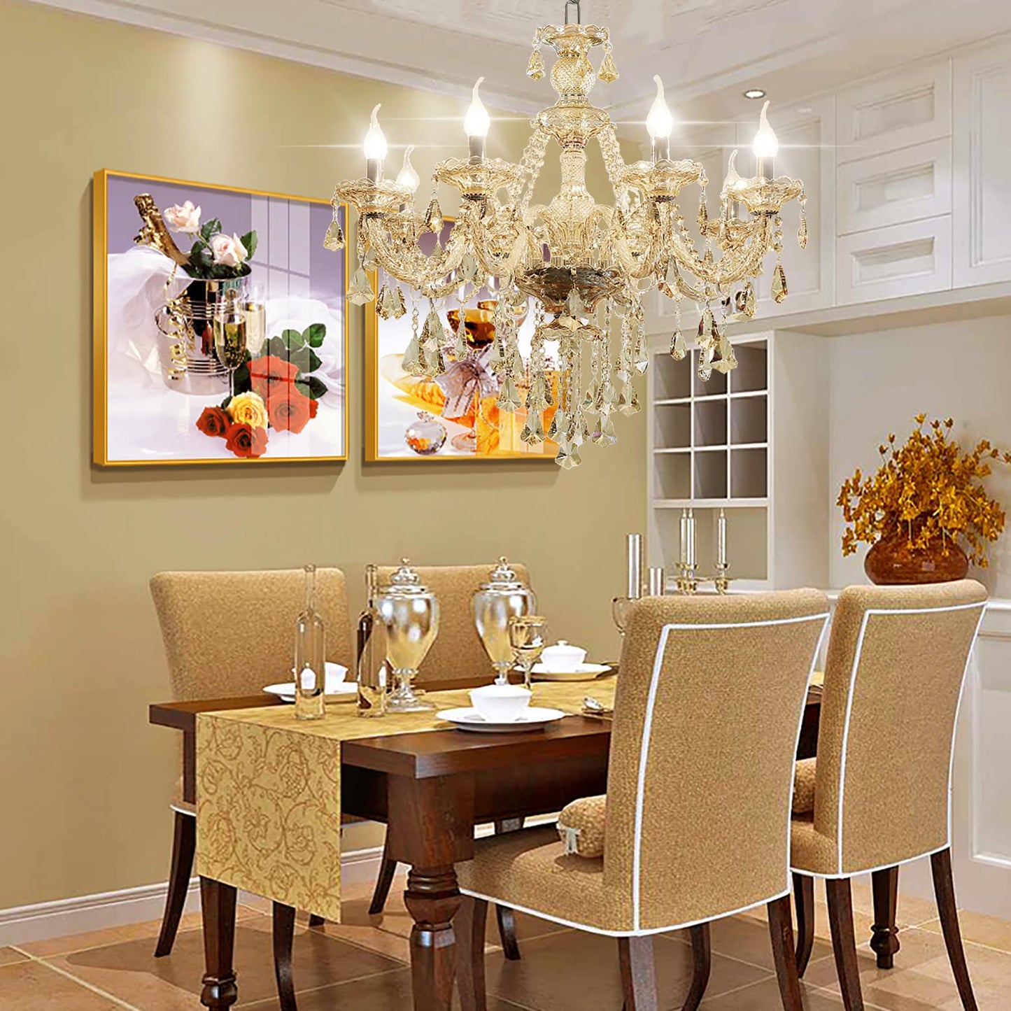 Durahonn Modern Elegant K9 Crystal Chandelier 8 Lights, Cognac Crystal Ceiling Pendant Light Fixture Candle Style E12 Base for Living Room Bedroom Hallway (8 Lights)