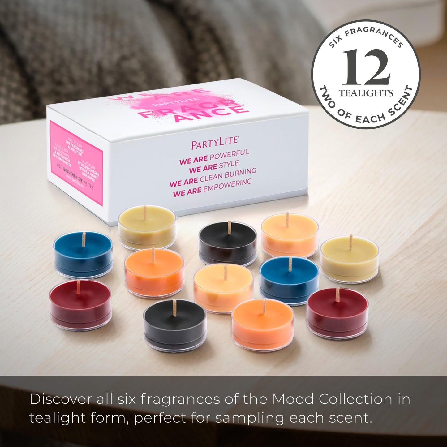 PartyLite Tea Lights Sampler, Passionate & Happy with Optimistic Scented Candles, Gift Set of 12, Aromatherapy with up to 4 to 6 Hours Burn Time, Ideal for Home Decor, Holiday Gifting and Celebration