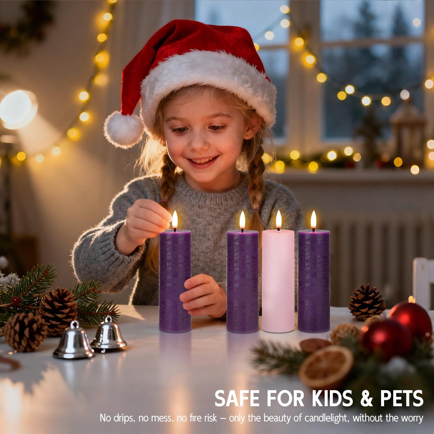 AFINETH Flameless Advent Candles Set of 4, Real Wax Advent Pillar Candles Battery Operated 9.6", Purple and Pink Christmas LED Candle for Wreath, Christ, Home, Church, Catholic Decoration