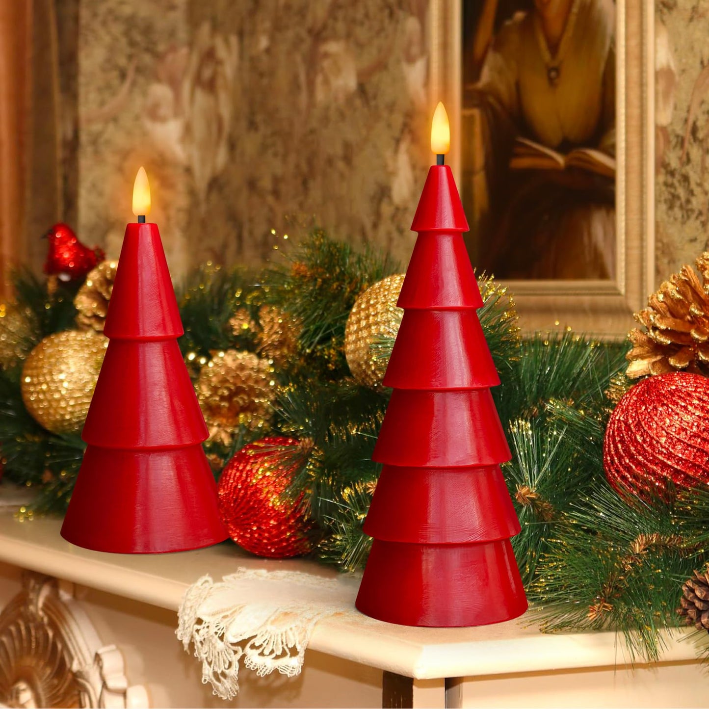 Yongmao Christmas Tree Shaped Flickering Flameless Candles Set of 2, Gold Holiday Decor, Real Wax Battery Operated LED Candles with Timer for Christmas Home Party Decoration