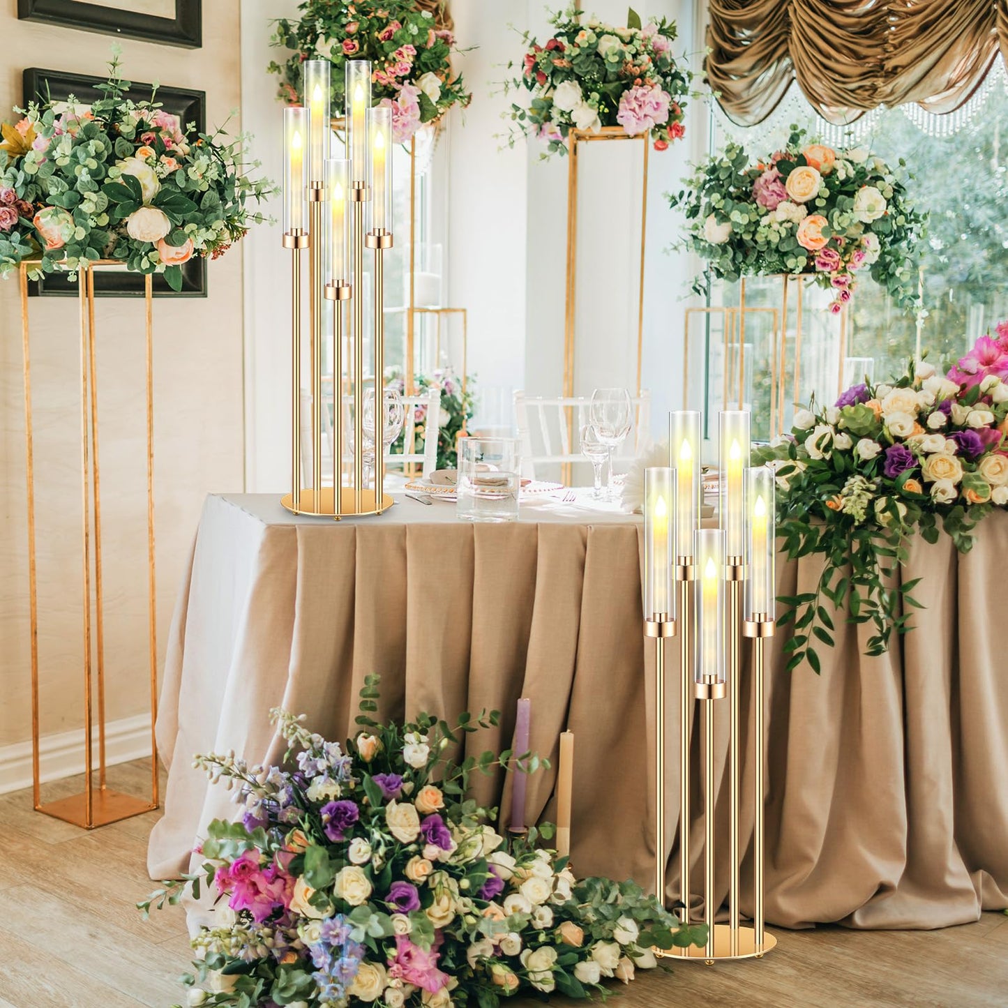 Tandefio 4 Set 5 Arm Gold Candelabra Centerpieces for Table, 35'' Tall Wedding Metal Candlestick Floor Holder Acrylic Clear Lampshades with 20 LED Candles for Wedding Party Event Table Fireplace Decor