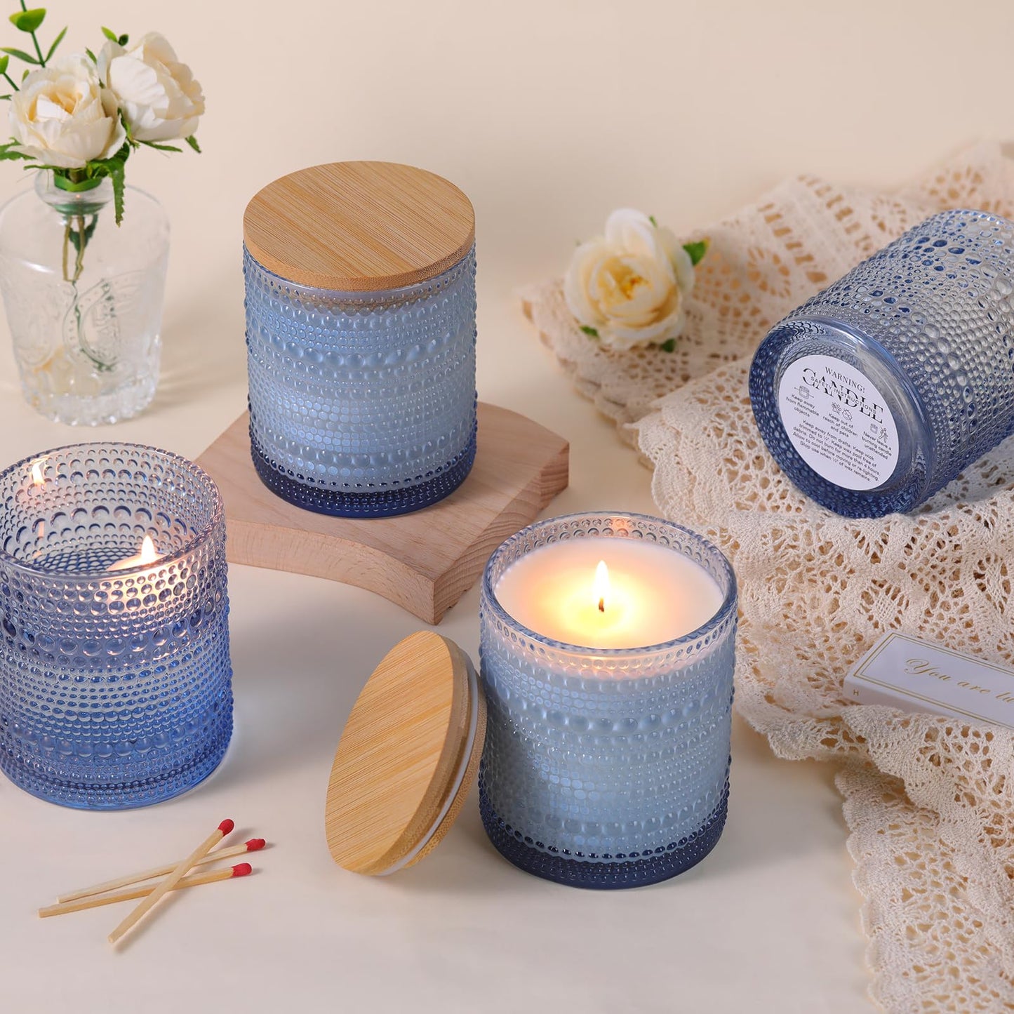 DARJEN 8 Pack Blue Candle Jars for Making Candles- 14 OZ Empty Glass Candle Making Jars with Bamboo Lids and Labels, Candle Making Supplies Candle Containers for DIY Gifts