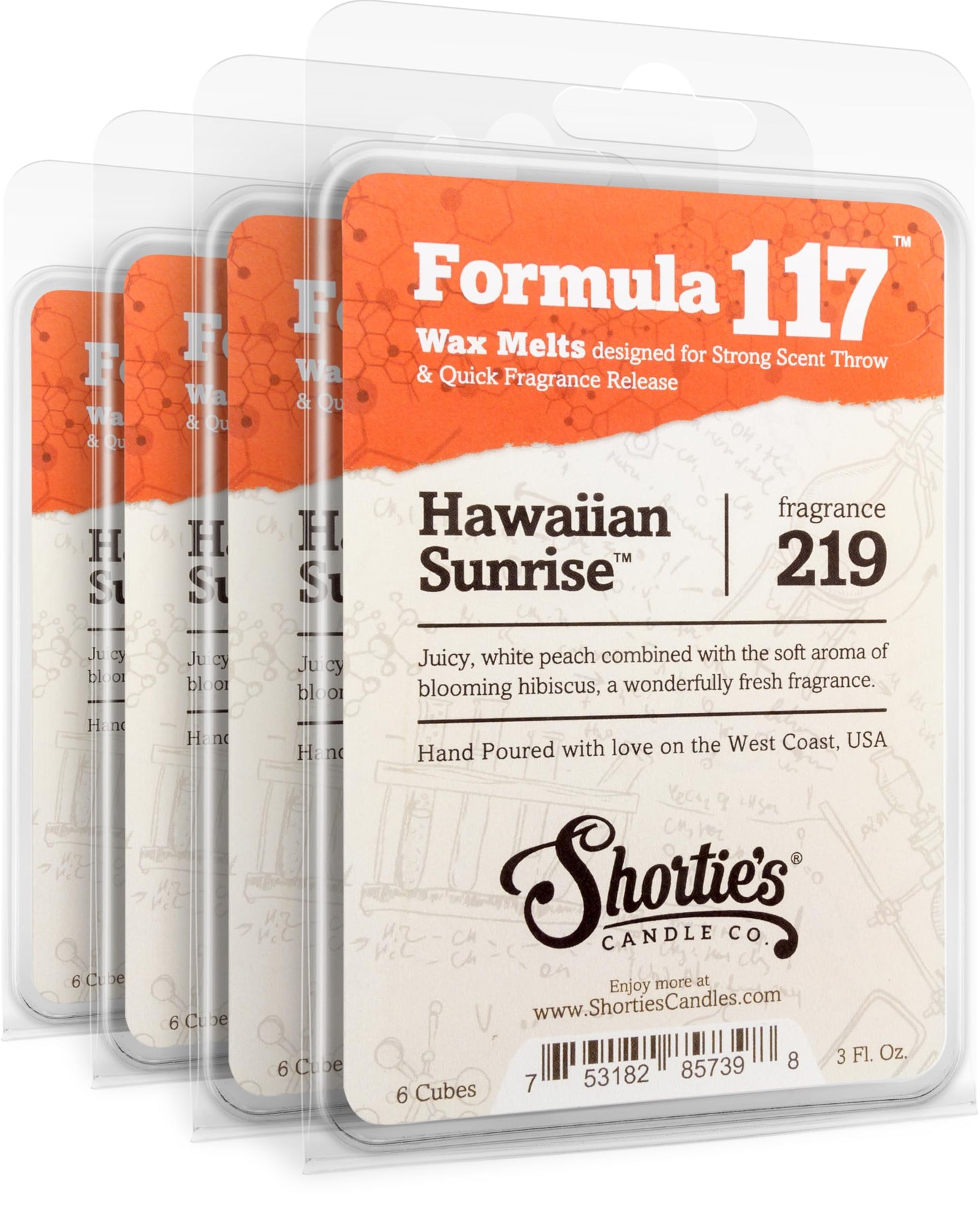 Shortie's Candle Company Hawaiian Sunrise™ Premium Wax Melts 4 Pack - 12 Oz., Strong & Long Lasting, Non-Toxic - Made with Essential & Natural Oils - Formula 117