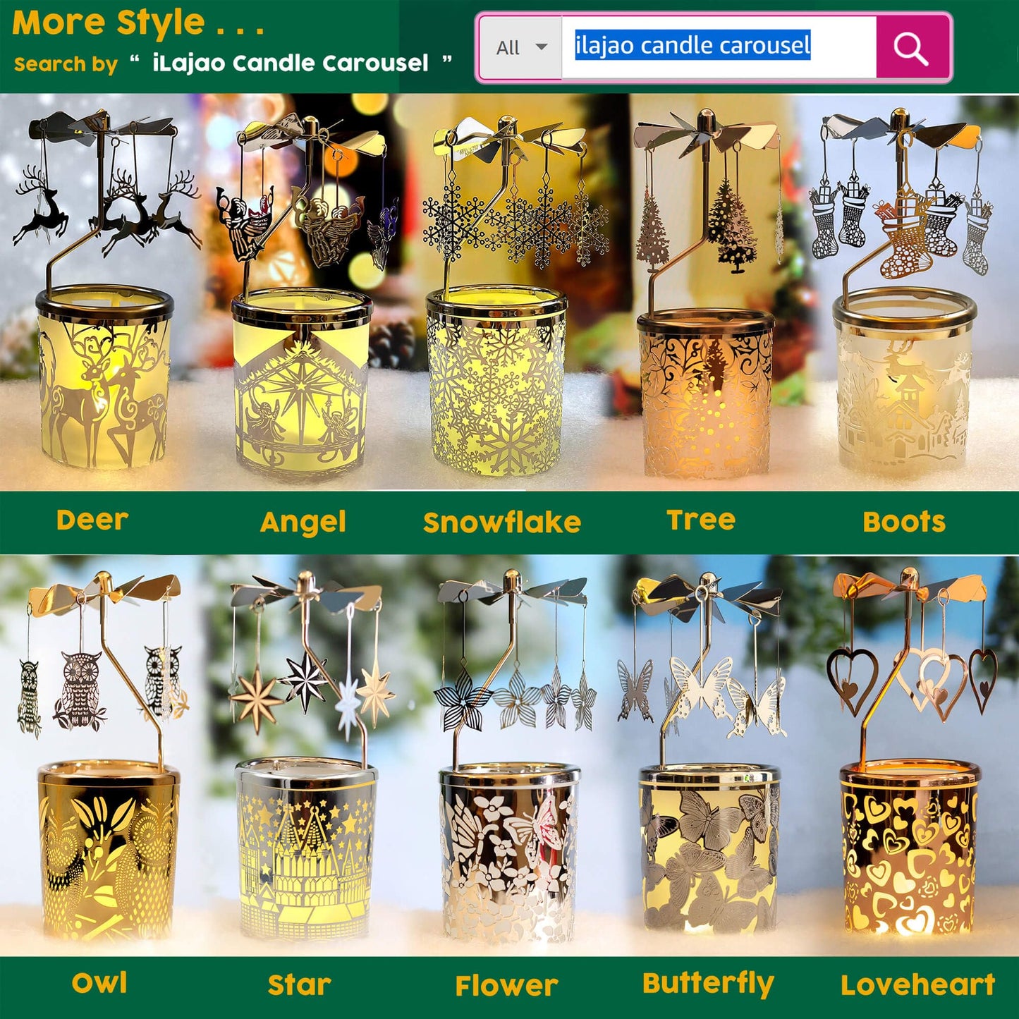 Candle Carousel Rotary Candle Holder Christmas Carousel Spinning Tealight Candleholder Christmas Decoration Centerpieces for Tables Valentine Easter (Gold Ginkgo Leaf)