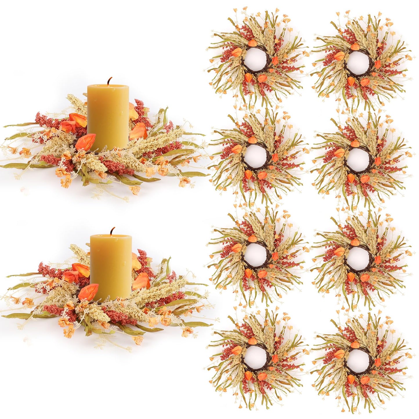 8 Pcs Fall Candle Rings 9 inch Thanksgiving Autumn Wreaths with Flowers for Tables Artificial Farmhouse Candle Rings Wreath for Front Door Porch Wall Window Decorations