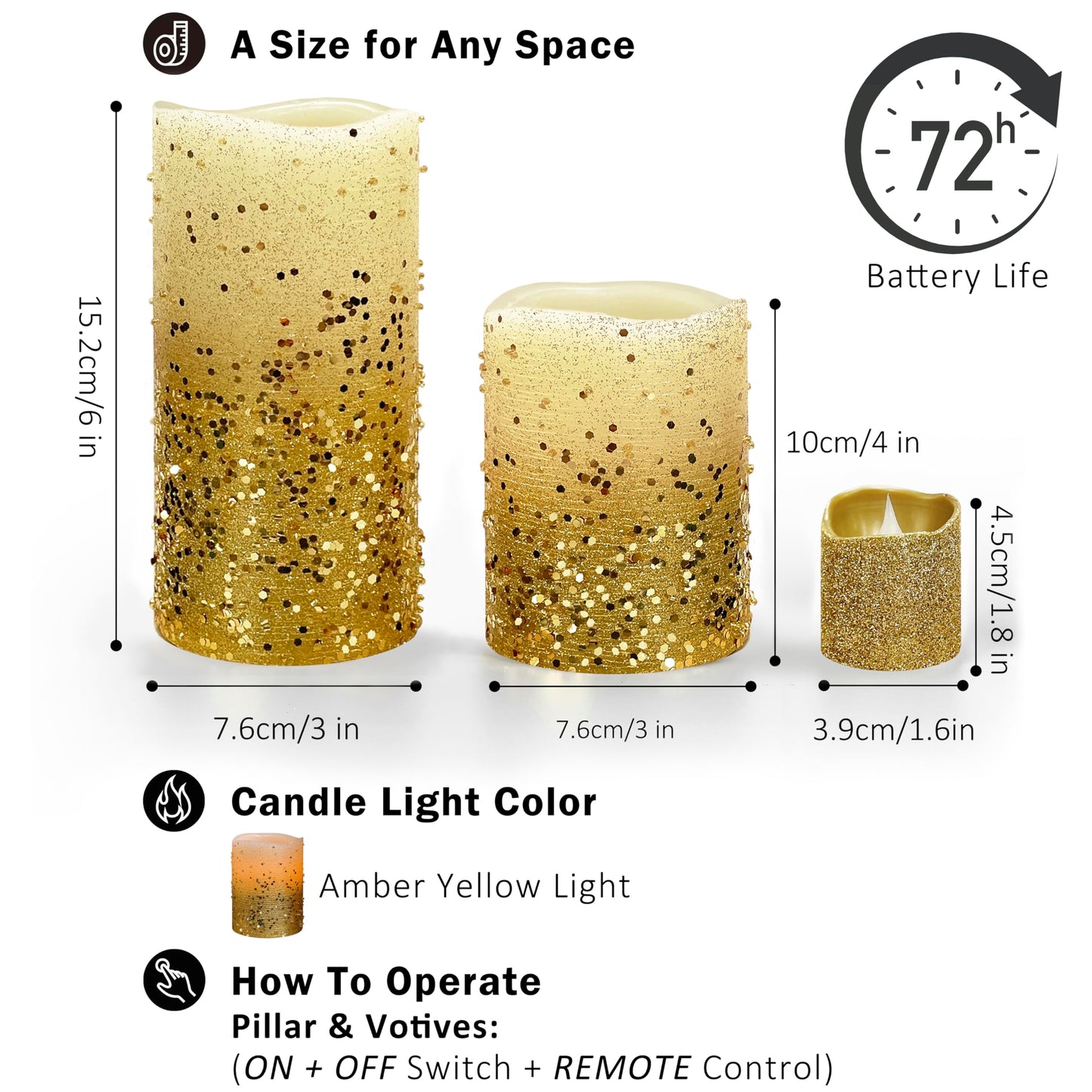 FURORA LIGHTING Gold Glitter Flameless Candles - Real Wax, Adjustable Brightness, Remote & Timer - 4 Pillars (3x4, 3x6) and 4 Votives, 8-Pack, Battery Operated
