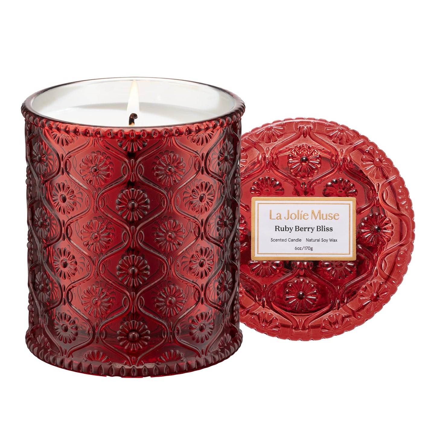 LA JOLIE MUSE Ruby Berry Bliss Scented Candle – Mandarin, Cranberry & Plum | 6 oz Festive Fall Candle | 40 Hours Clean Burn|Vibrant Scent| Gift for Hosts|Fall Tablescapes