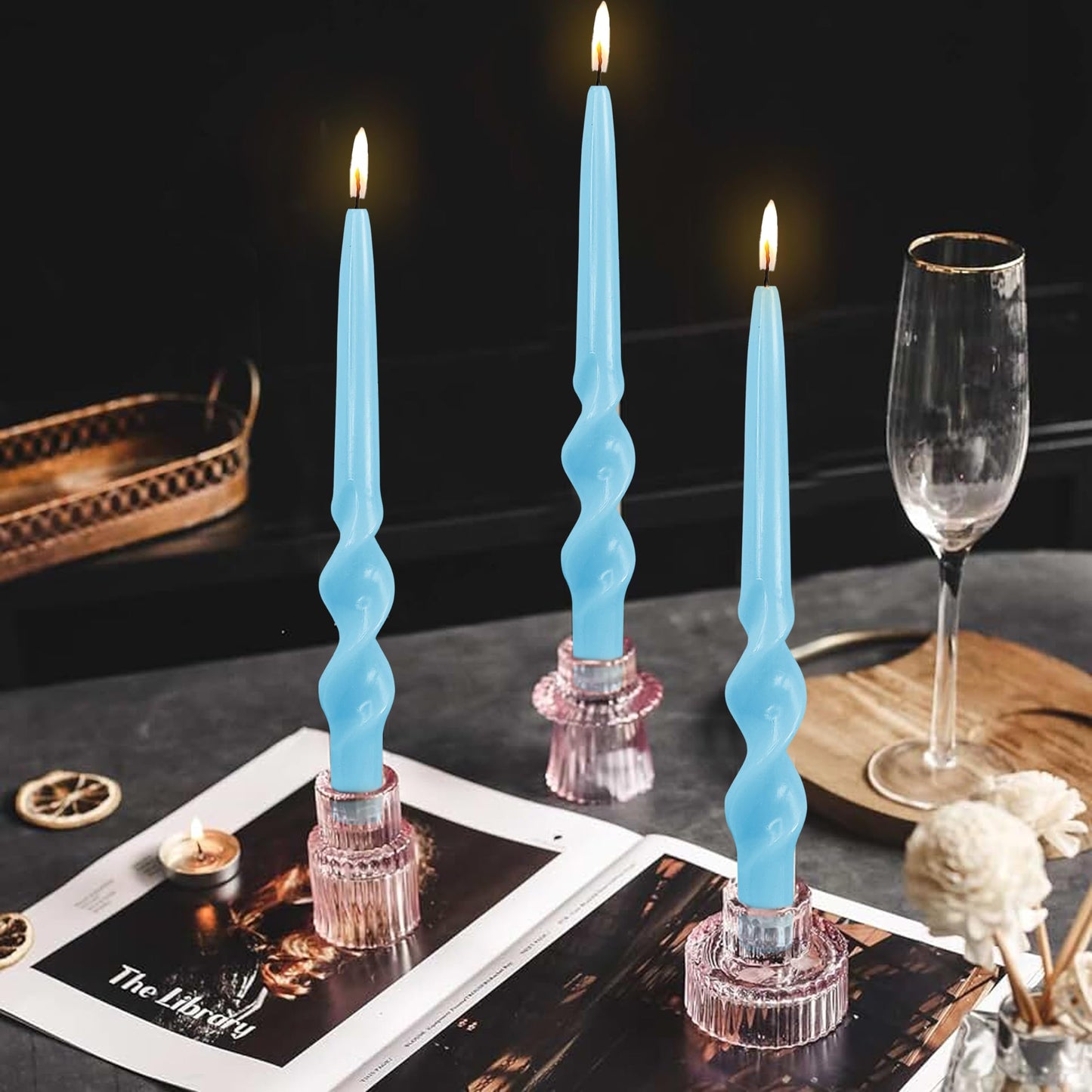 Blue Candle Sticks Spiral Taper Candles Twisted Candlestick Unscented Long Candlesticks Smokeless Tapered Candles for Home Wedding Party Dinner Home Decoration