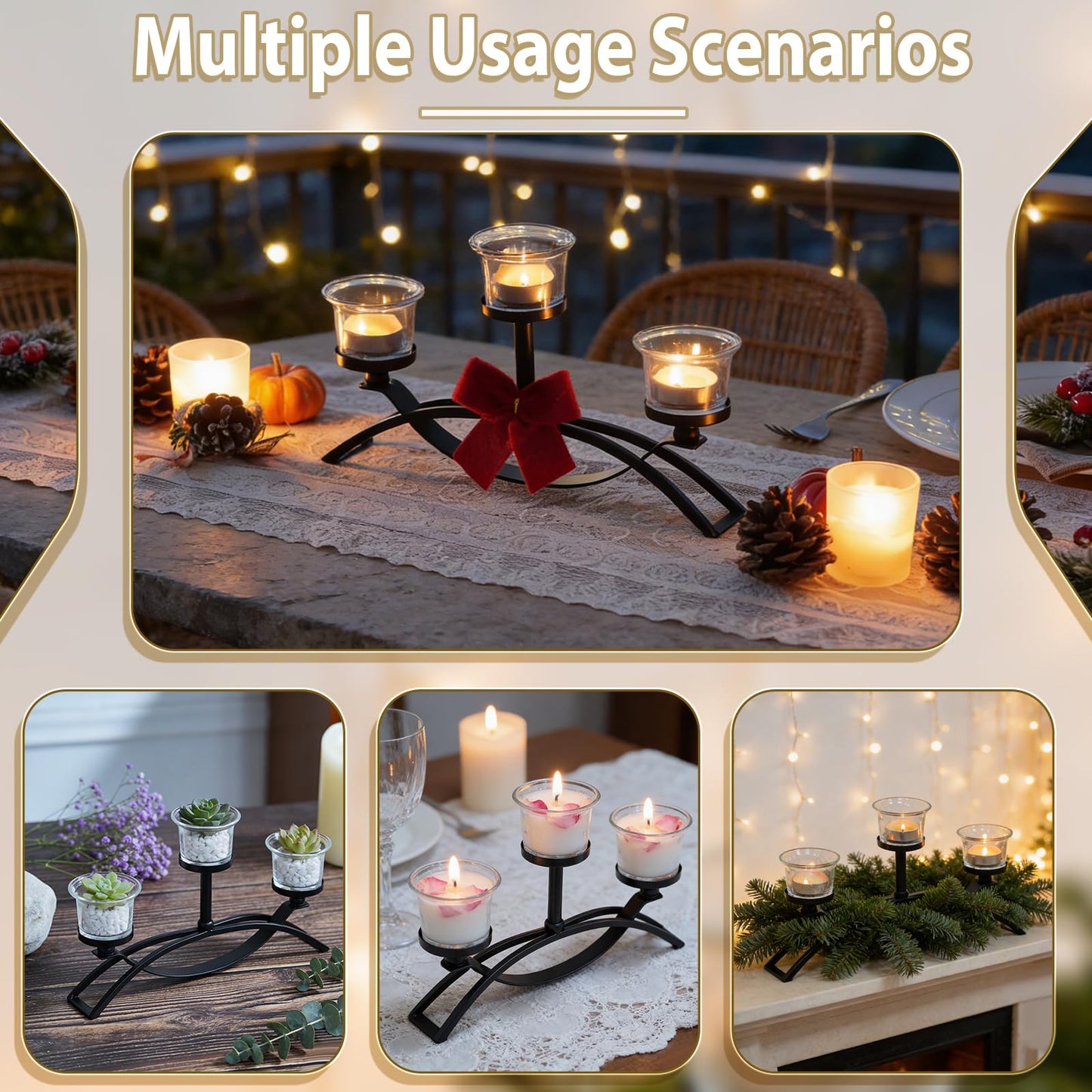 3-Arm Metal Tea Light Candle Holder Set with 5 Glass Cups, Votive Candle Holders Centerpiece Candelabra for Wedding Table Decor, Home Gatherings and Holidays (Black, 3 Cups-2 Pcs)