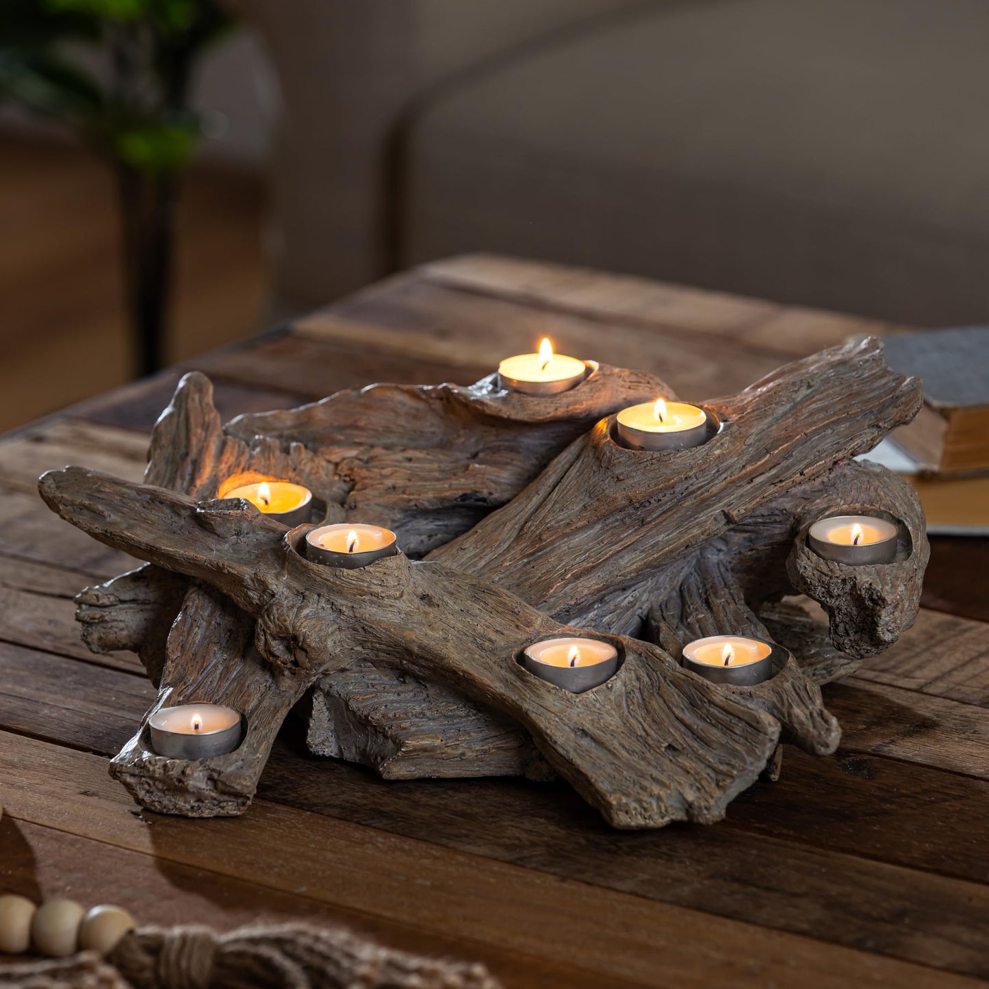 Plow & Hearth Faux Driftwood Fireplace Candle Holder, Resin Log Insert for Fireplace Decor, Holds 8 Fireplace Candles for Inside Fireplace, Coastal Beach Cozy Living Room Fireplace Decorations