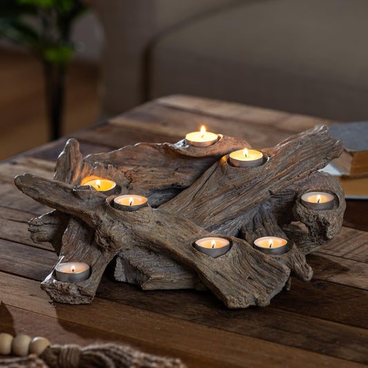 Plow & Hearth Faux Driftwood Fireplace Candle Holder, Resin Log Insert for Fireplace Decor, Holds 8 Fireplace Candles for Inside Fireplace, Coastal Beach Cozy Living Room Fireplace Decorations