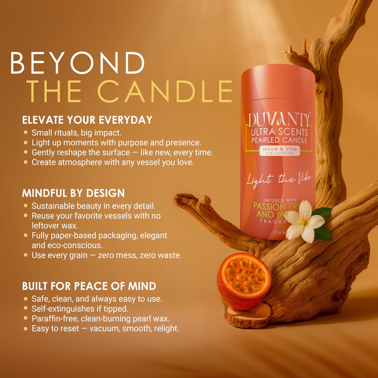 Duvanty Mood & Vibe Pearled Candle Sand with Wicks – Passionfruit & Jasmine Scented Candle for Vibrant Home Ambiance, Decorative Wax Beads & Social Gatherings, 17.6 oz.
