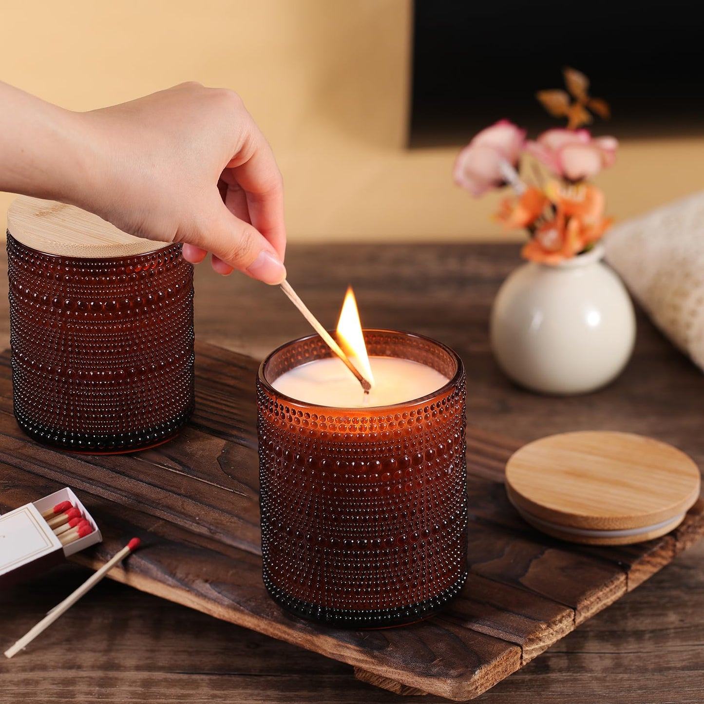 DARJEN 14 OZ Amber Candle Jars for Making Candles- 8 Pack Empty Glass Candle Making Jars with Bamboo Lids and Labels, Candle Making Supplies Candle Containers for Home DIY