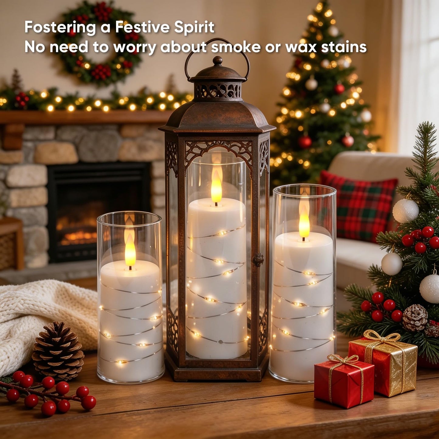 Raycare Flameless Candle with Remote Timer, 3 Flickering Acrylic Battery Operated LED Pillar Candles with Embedded Star String for Home Decor(White)
