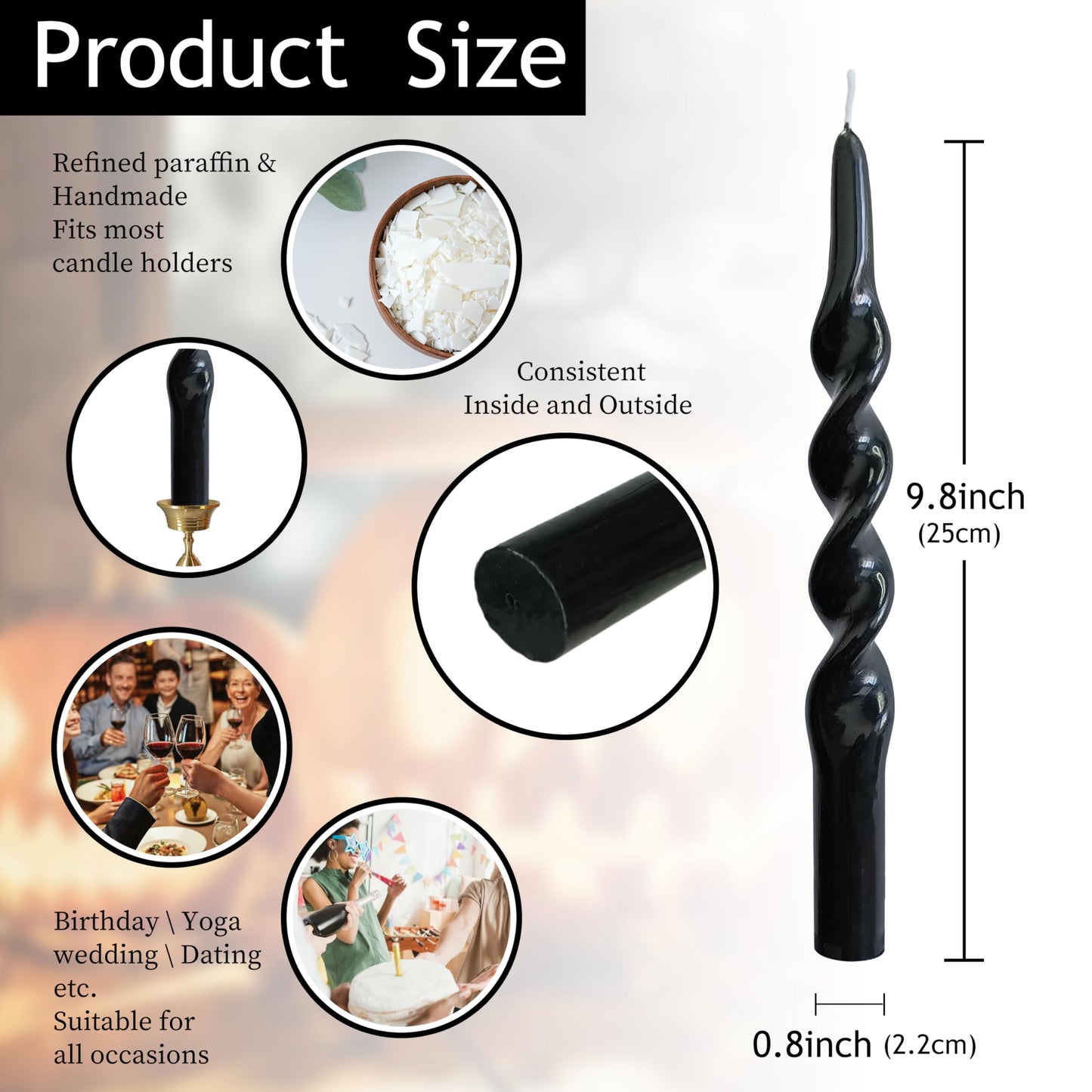 Black Taper Candles 10 Inch Twisted Taper Candle 4 Pack Halloween Candle Sticks Dripless Unscented Candles Stick for Wiccan Rituals Funeral and Memorial Services Wedding Home Party Decor
