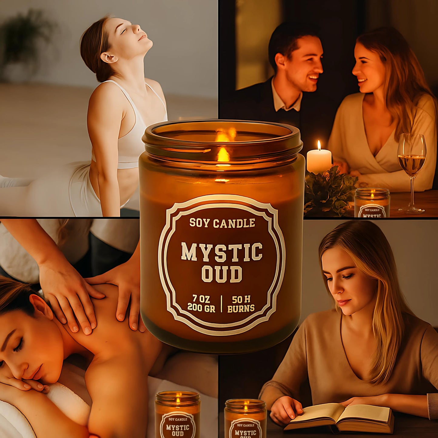 Luxury Soy Candle Gift Set, 4 Pack Amber Glass Jars with Crackling Wooden Wick, Handcrafted Scented Candles, Gift Ready Box