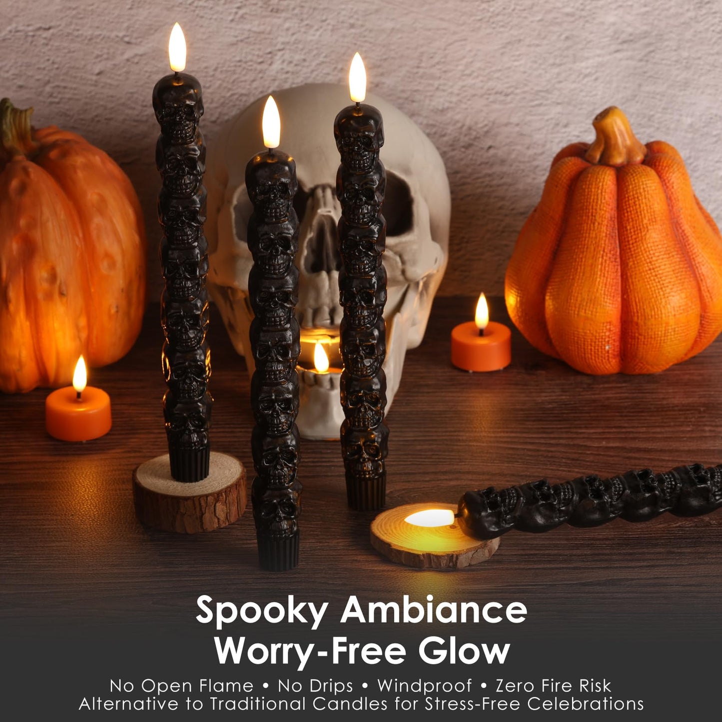 Girimax Black Skull Halloween Flameless Taper Candles with Remote, Flickering Spooky LED Wax Candlesticks Battery Operated, Set of 4