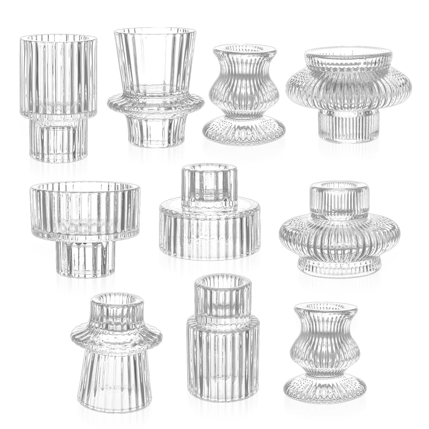 Ovveroche 10 Pcs Glass Candlestick Holders Set, Glass Crystal Taper Candle Holders Striped Vintage Reversible Clear Candle Stick Holder Ideal for Wedding, Party, Festival Celebrations, 5 Styles