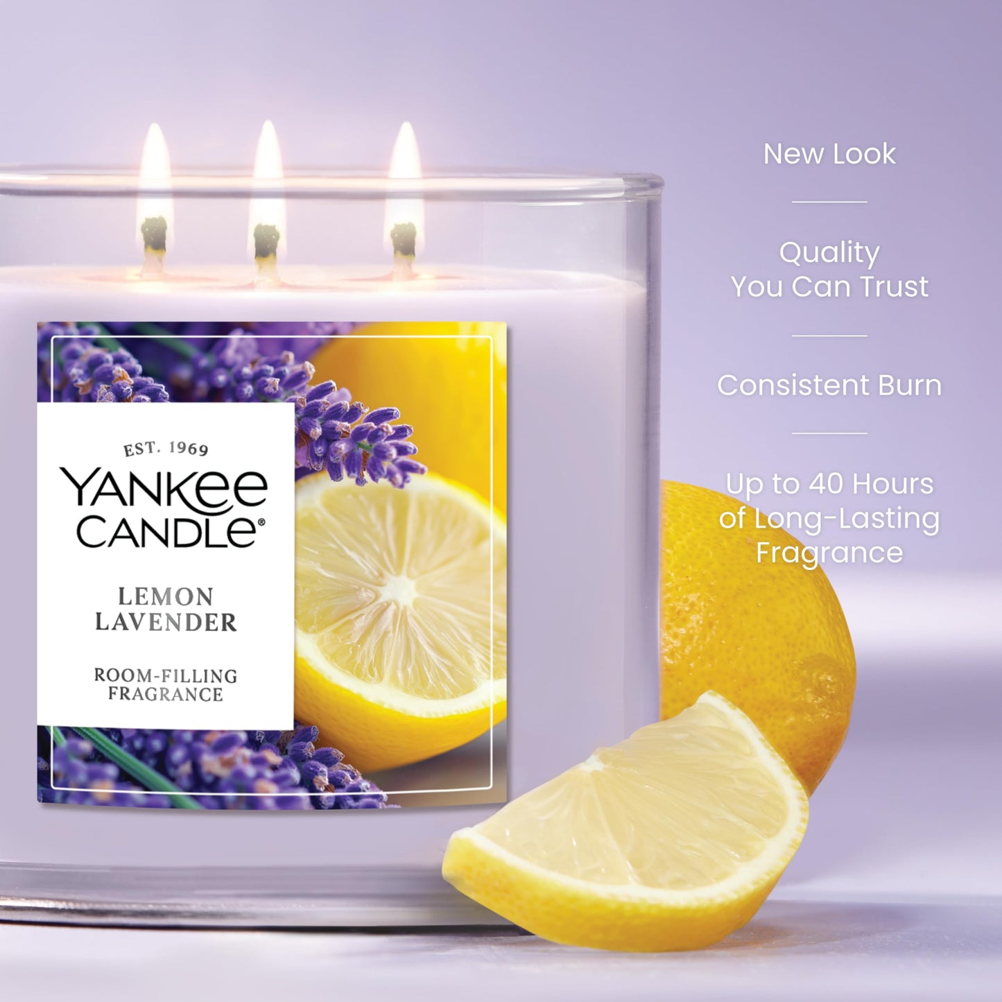 Yankee Candle Lemon Lavender Scented Candle, 14.5oz 3-Wick Candle Jar, Up to 40 Hours Burn Time, Giftable