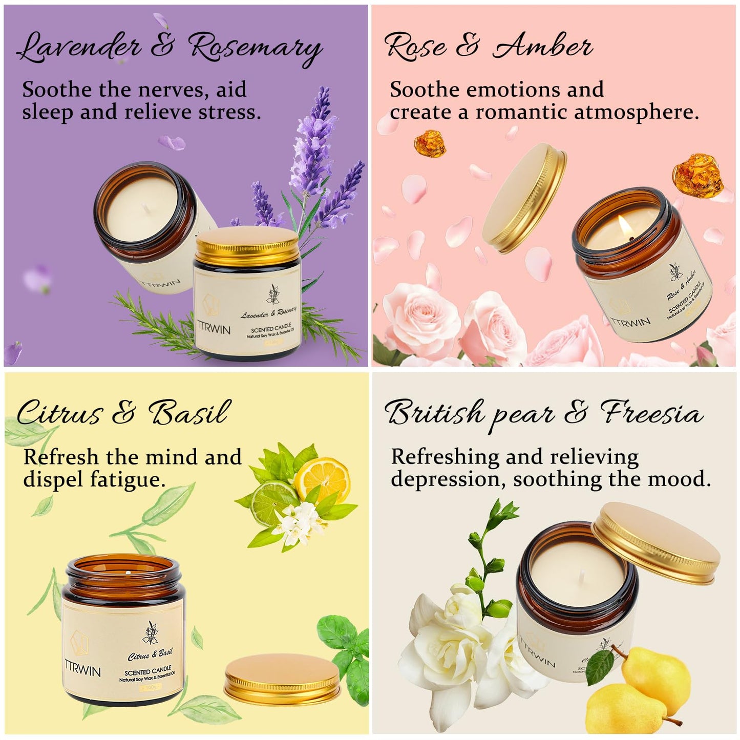 TTRWIN Scented Candles Gift Set, 4 Pick Natural Soy Candles: British pear & Freesia, Rose & Amber, Lavender & Rosemary, Citrus & Basil, Birthday Gifts for Women, Gifts for Mother's Day