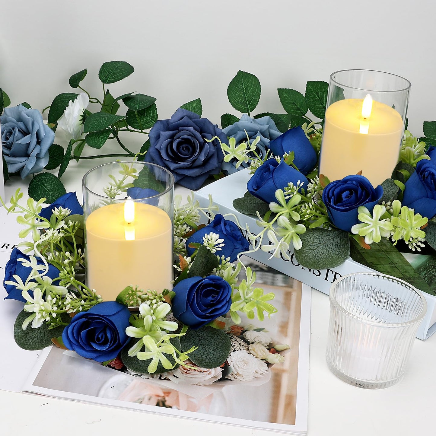 Tobilu 6 Sets Artificial Roses Candle Rings - Roses Floral Rings Wreaths with LED Candles Eucalyptus for Centerpieces Table Cabinets Front Doors Wedding Home Party Decor - Royal Blue