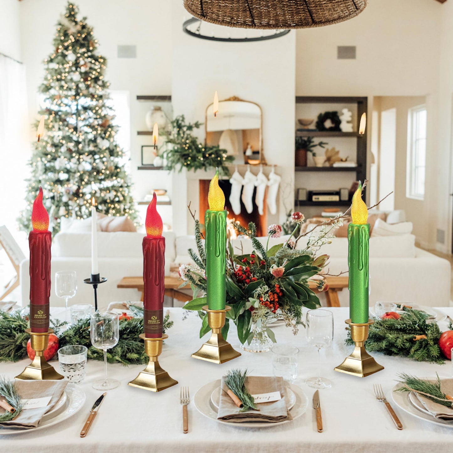 FCMSHAMD Christmas Metallic Red Green Flameless Short Taper Candles, Hand Dipped LED Battery Operated with Remote, Flickering Flame Lights for Home Décor, 6.7 Inch Primitive Flameless Candles, 4PCS