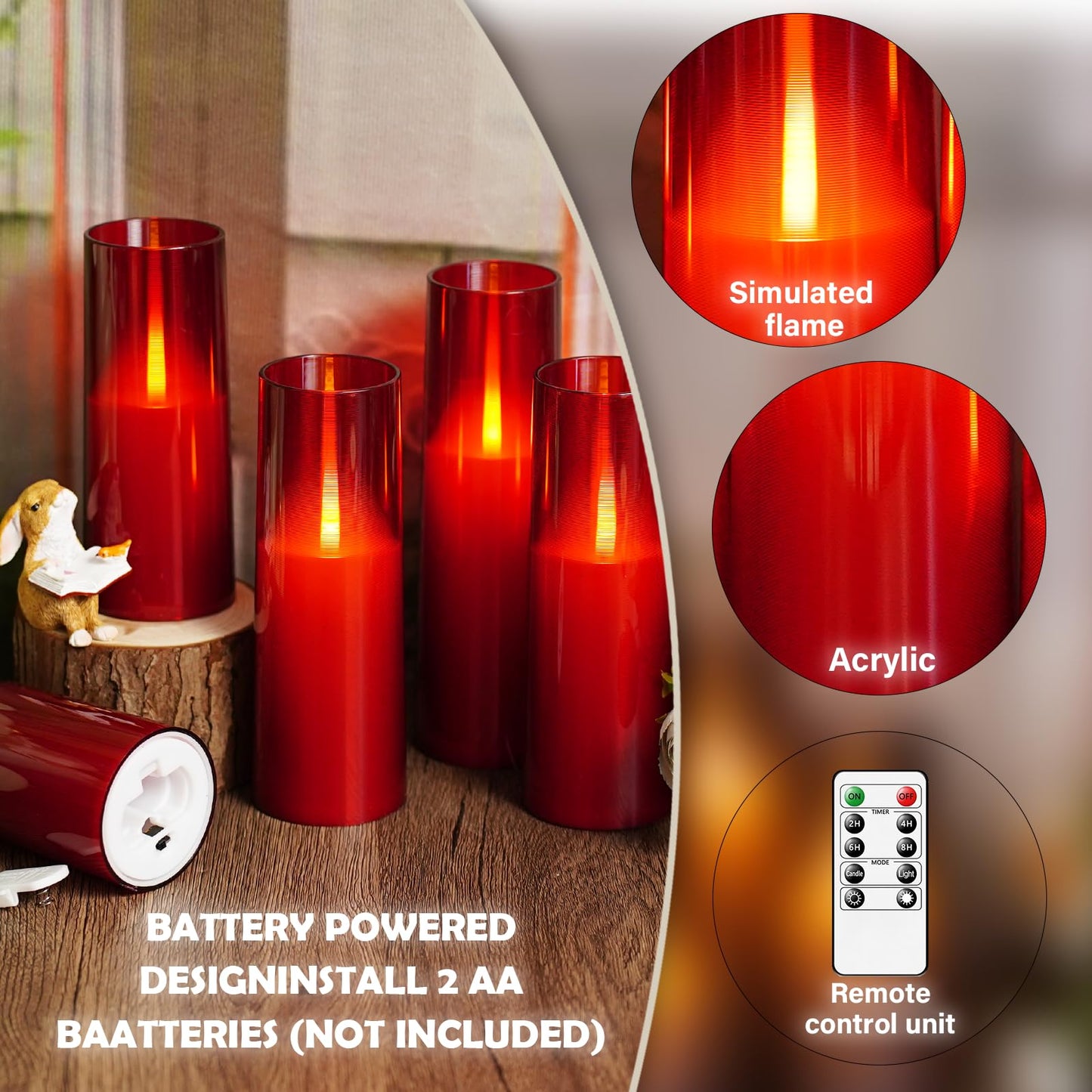kakoya Flameless LED Candles Upgraded Realistic Flickering Flame,7Pcs Battery Operated Candles with Remote Timers,LED Pillar Candles for Home Decor,Christmas,and Parties(Red)