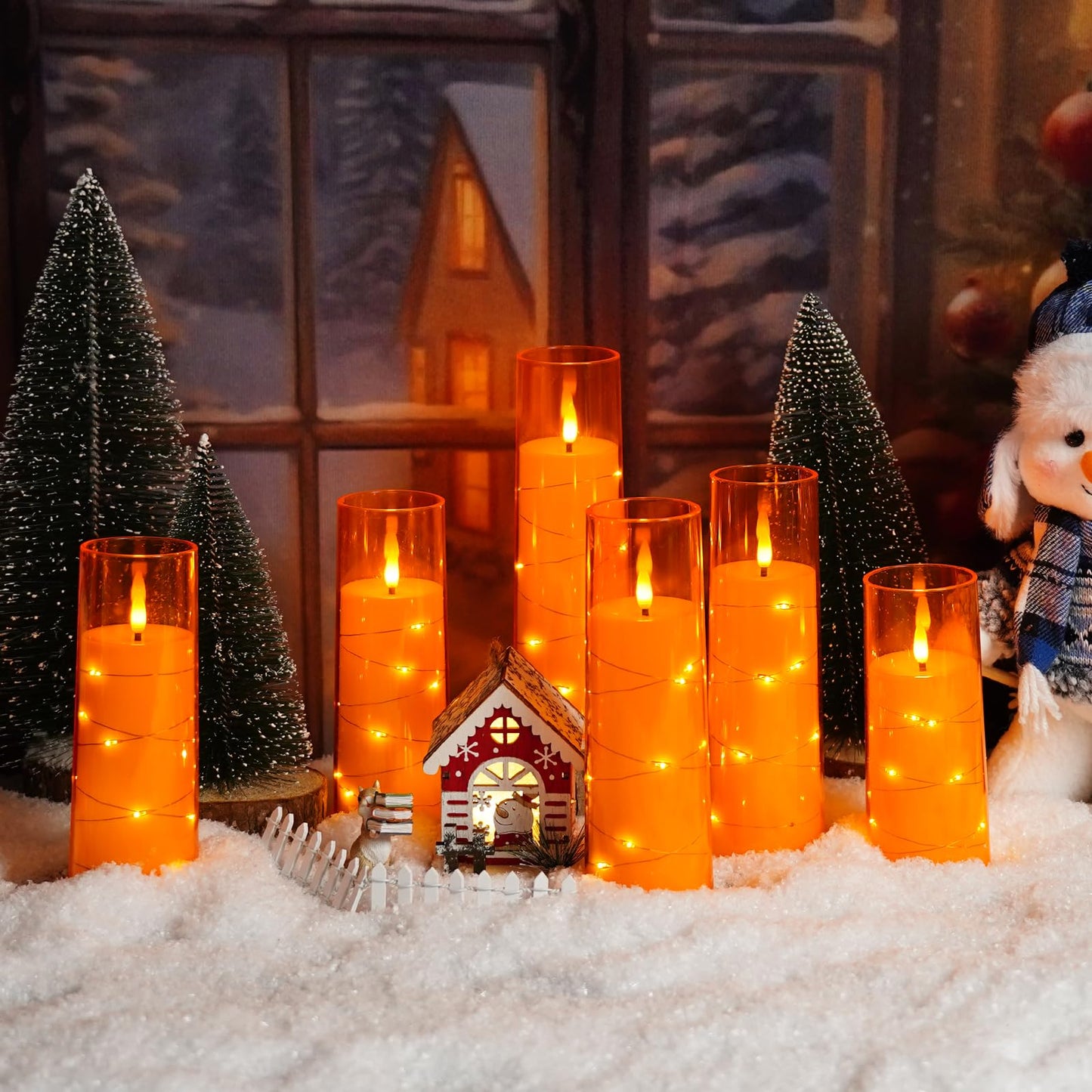 kakoya Flameless LED Candles with Timer 9 Pc Flickering Flameless Candles for Romantic Ambiance and Home Decoration Stable Acrylic Shell,with Embedded Star String，Battery Operated Candles（Orange）