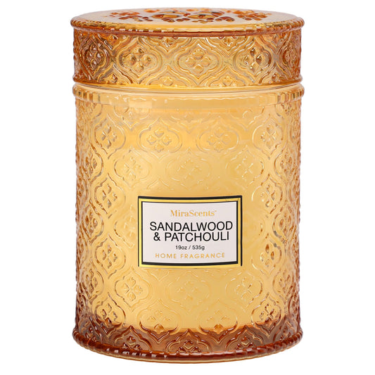 Sandalwood & Patchouli Candle, Luxury Decorative Glass Candle 19oz, Soy Wax Scented Gift for Women, Elegant Home Fragrance