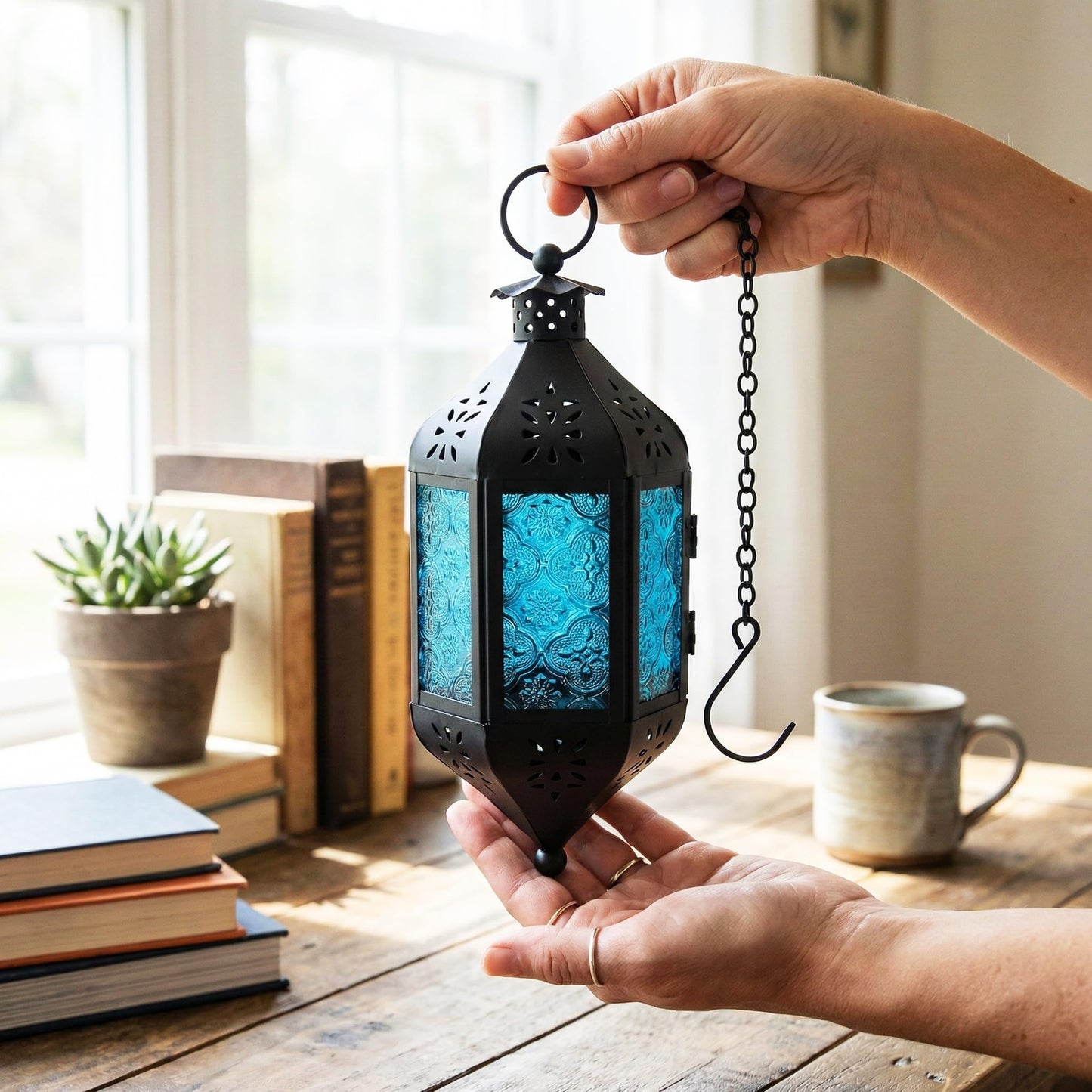 Vela Lanterns Hanging Moroccan Lamp - Exotic Decorative Patio & Porch Decor, Indoor Outdoor Tea Light Candle Lantern Holder with Chain (11" Medium, Blue Glass, 3-Pack)