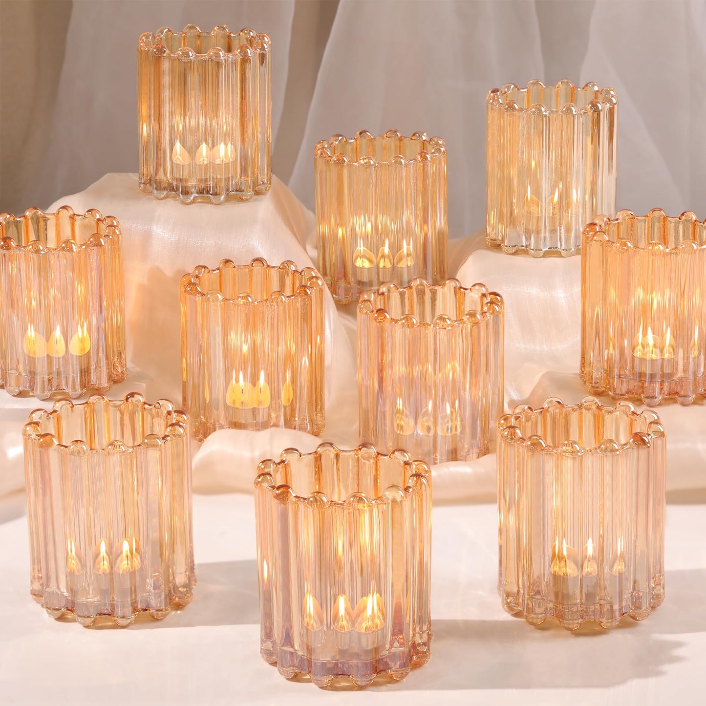 HAVITI Glass Gold Votive Candle Holder, Ribbed Votive Candle Holders Set of 12, Tealight Candle Holder for Wedding Centerpieces Dinner Party Table Decor