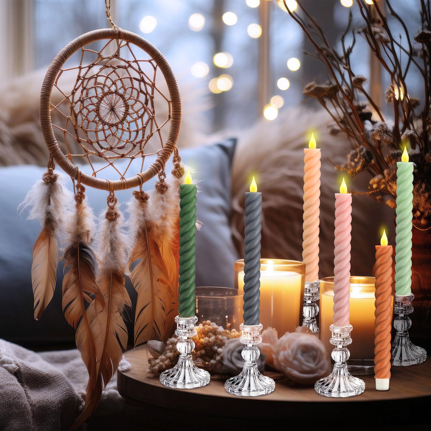 Baquler 6 Pcs Pastel Flameless Taper Candle Twisted 9.65 in Spring Colorful Taper Candles Battery Operated Pastel Spiral Candlestick LED for Wedding Birthday Home Party Holiday Dinner Fireplace