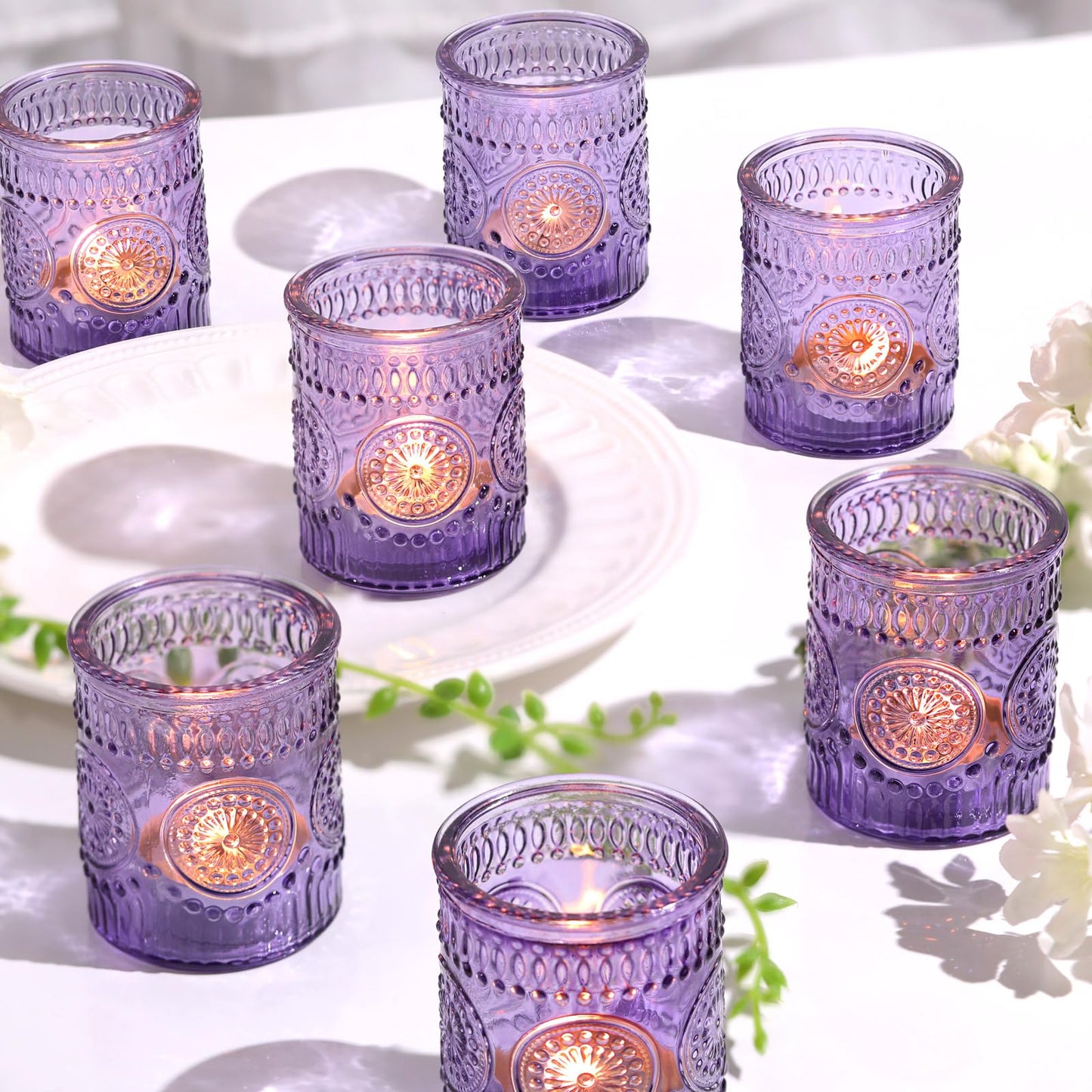 24pcs Purple Votive Candle Holders for Table Centerpieces, Glass Tea Lights Candle Holder for Bridal Shower, Baby Shower Decrations, Boho Tea Party Purple Decor, Gifts for Women