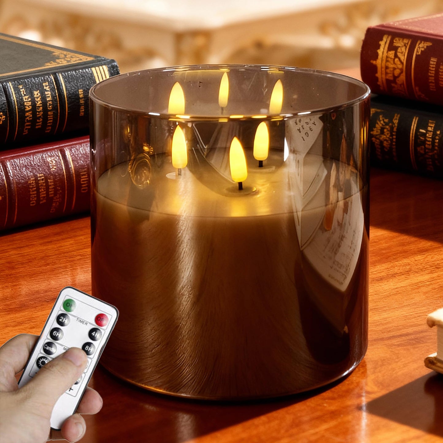 NICEME Extra Large 3 Wick Battery Operated Candle, 6"x6" Big Clear Glass Flameless Candles with Remote, Real Wax Flickering Led Pillar Fake Giant Candle for Wedding Party Holiday Home Decor, Grey