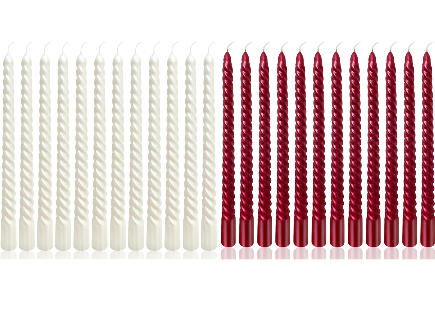 10 Inch Metallic Spiral Taper Candles Set, 12 Pack White and 12 Pack Burgundy Unscented Candlesticks, Dripelss Twisted Candles for Wedding Dinner Holiday…