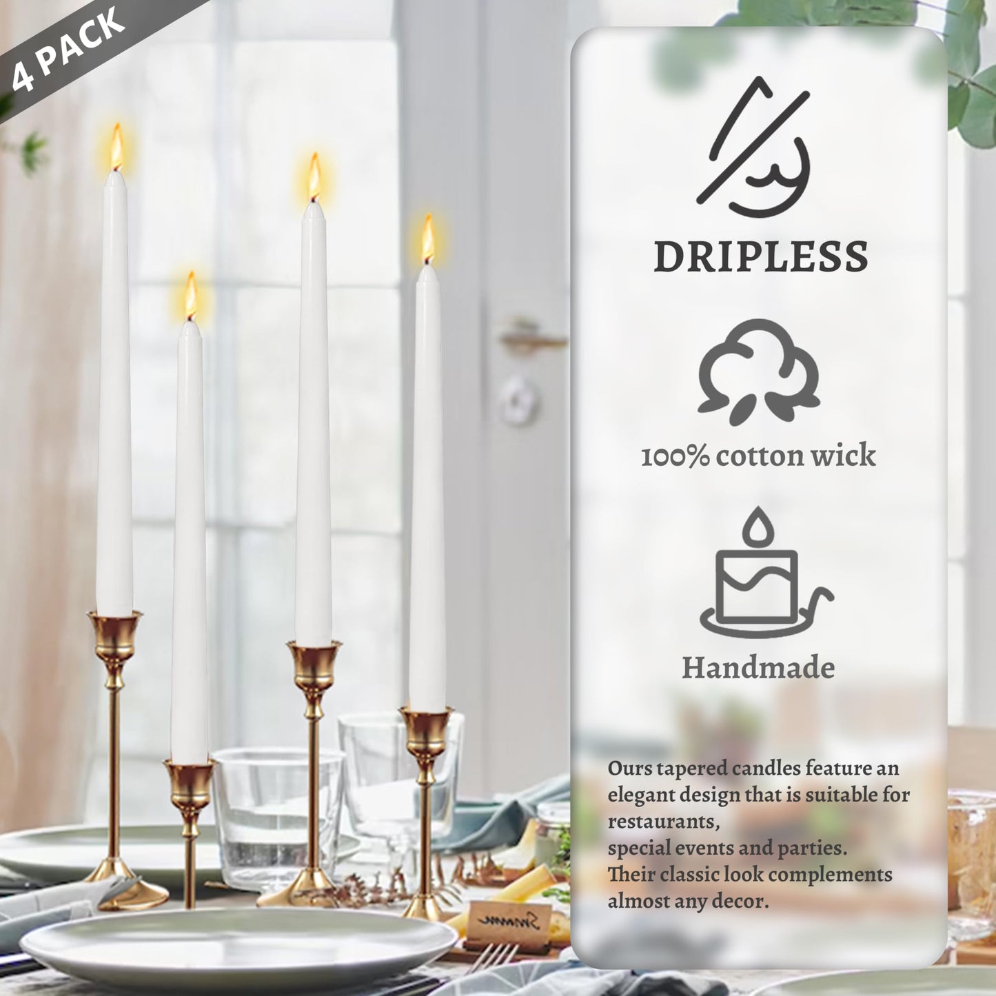 Dripless Gardenia Scented Classic White Taper Candles Smokeless Long Lasting Burn Elegant Tall 10 Inch Candlesticks for Home Décor Anniversary Celebrations Romantic Evenings