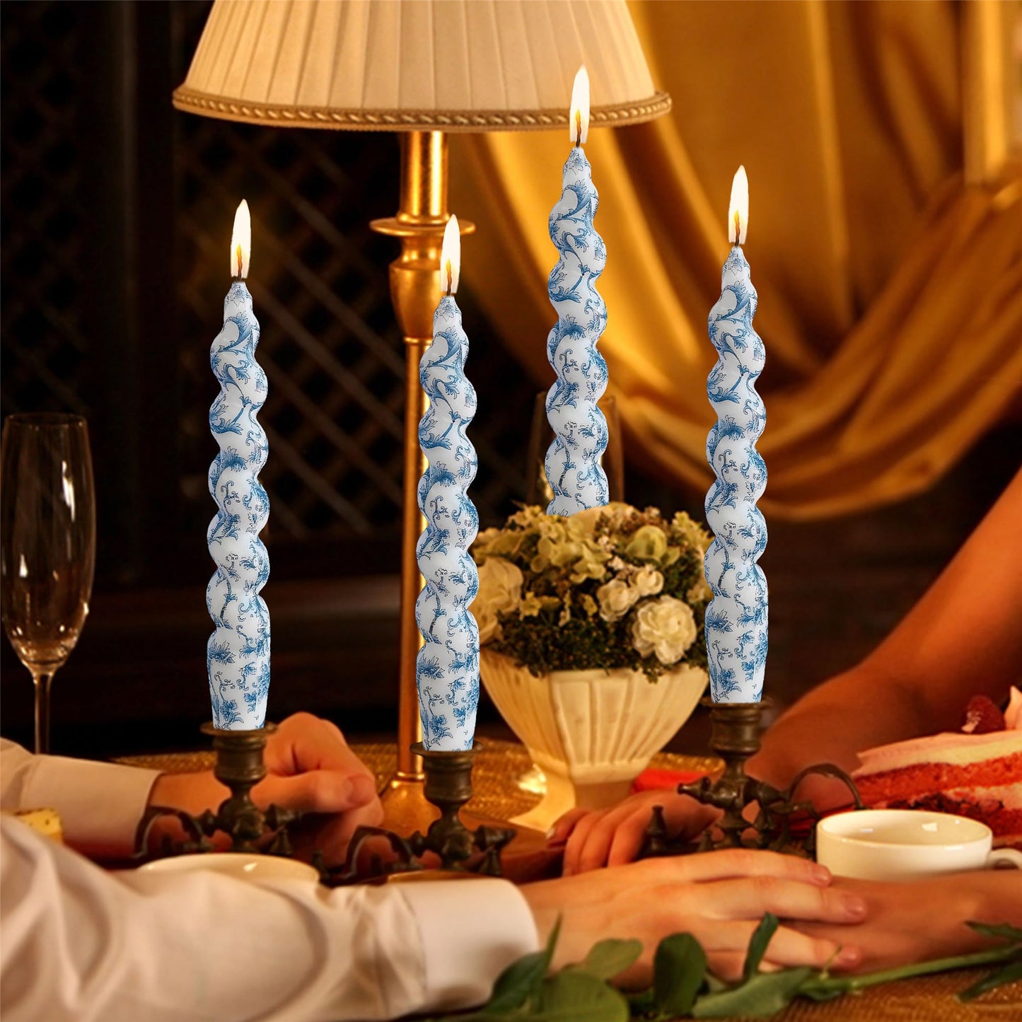 Gedengni Spiral Candle Sticks Printed Candlestick,Set of 4 Long Taper Candle Colorful Twisted Candlesticks 10 inches Blue Flower Tapered Candles for Home Wedding Women Gifts (2D4T-BLUFLW)