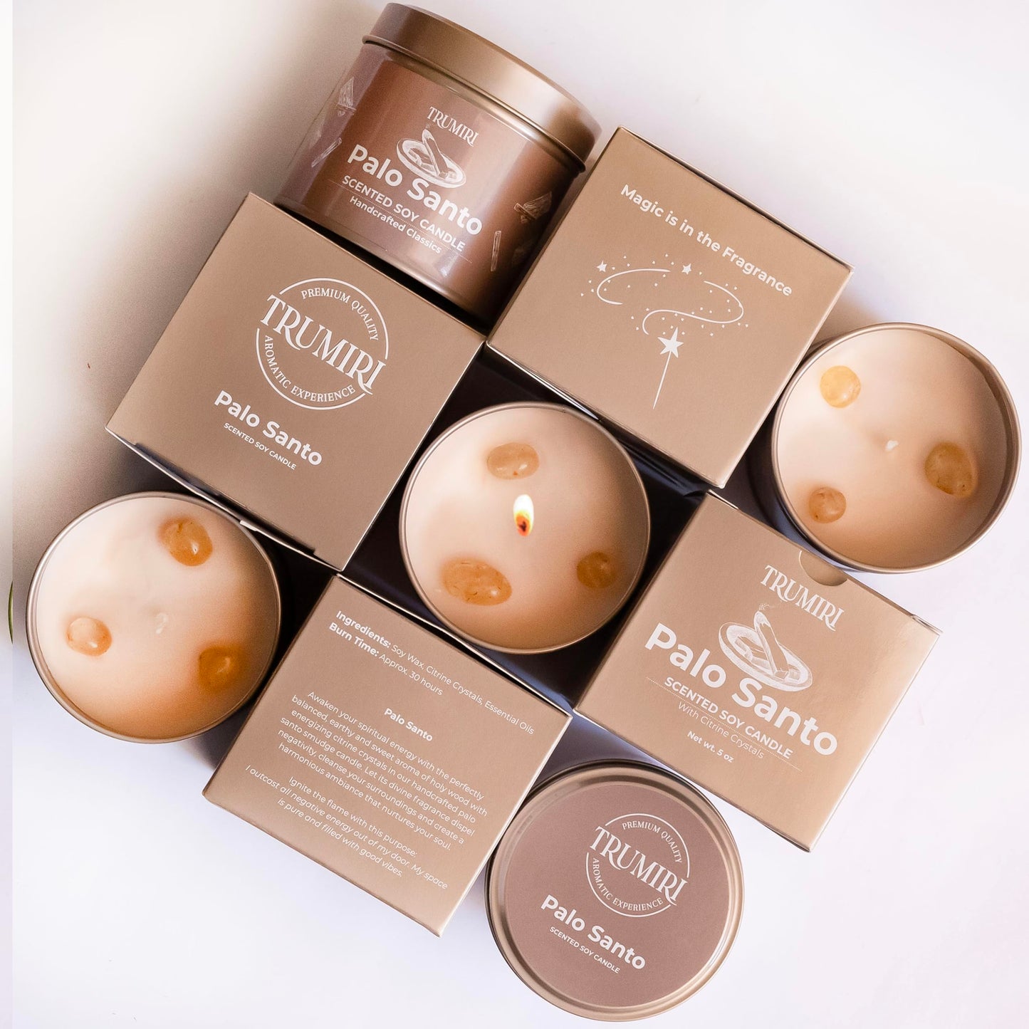 Palo Santo Candle for Home - Highly Scented with Citrine Crystals - 5oz Soy Wax Organic Non Toxic for Aromatherapy Relaxation Meditation - Room Decor for Men - New House Essentials - Pet Safe Candel