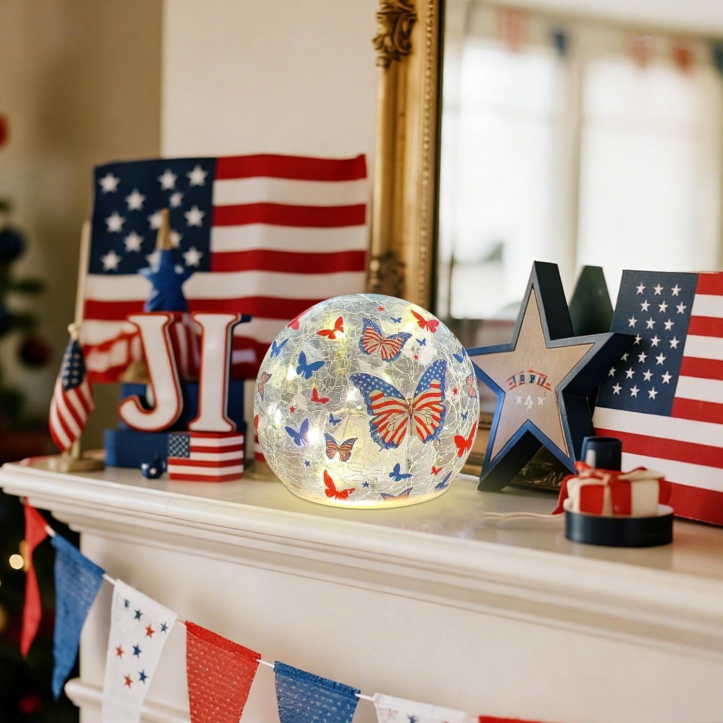 Memorial Day Decorations,3PCS Independence Day Decorative Lights, 3.93-inch Independence Day Desktop Decoration LED Night Light, Cracked Glass Ball Light with Timer, 4th of July Ornament (Butterfly)