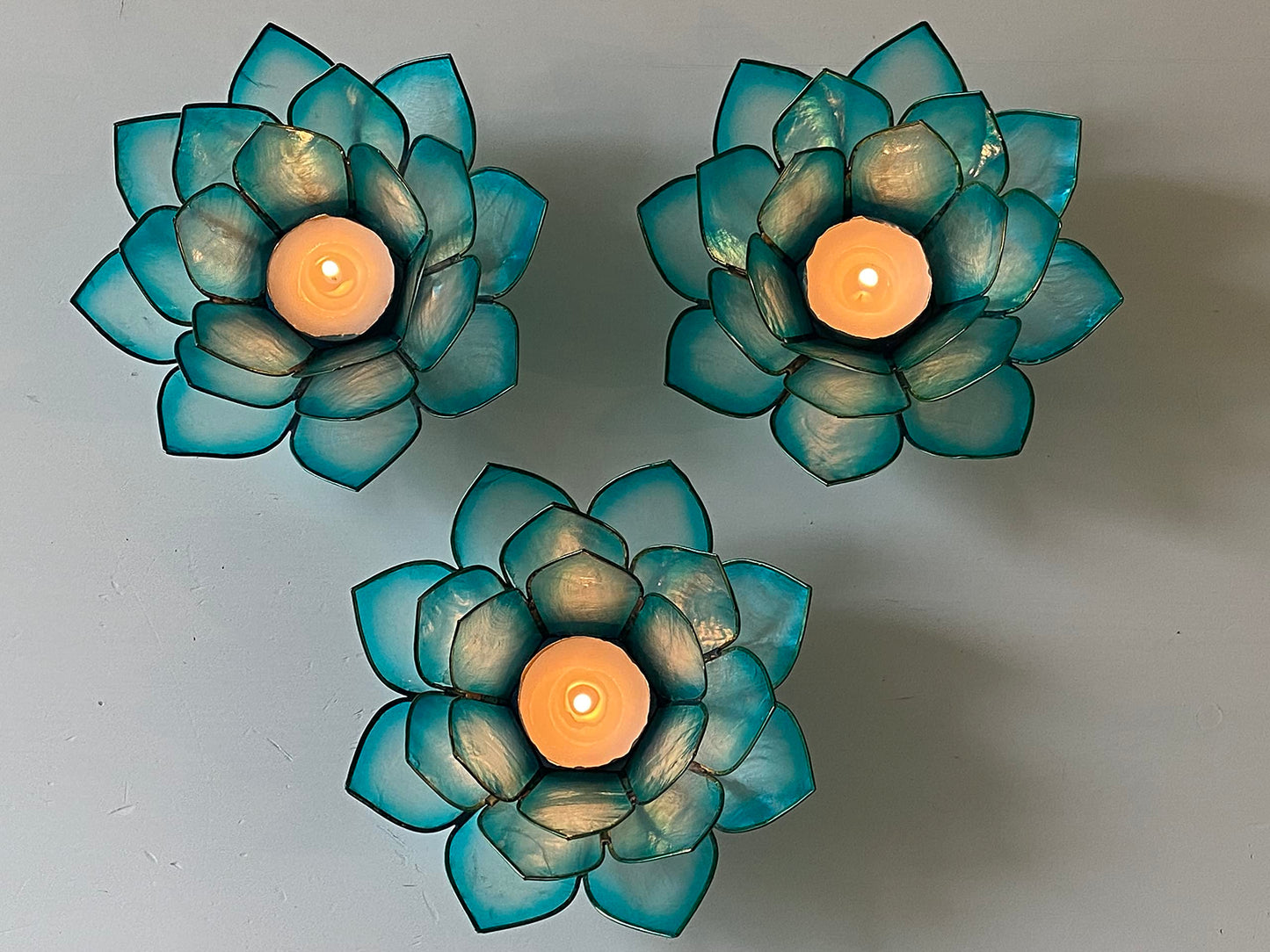 Om Gallery Capiz Shell Lotus Flower Decor Tealight Candle Holder for Serene Ambiance -Decorative Candle Holders for Meditation, and Relaxation, Cool Water