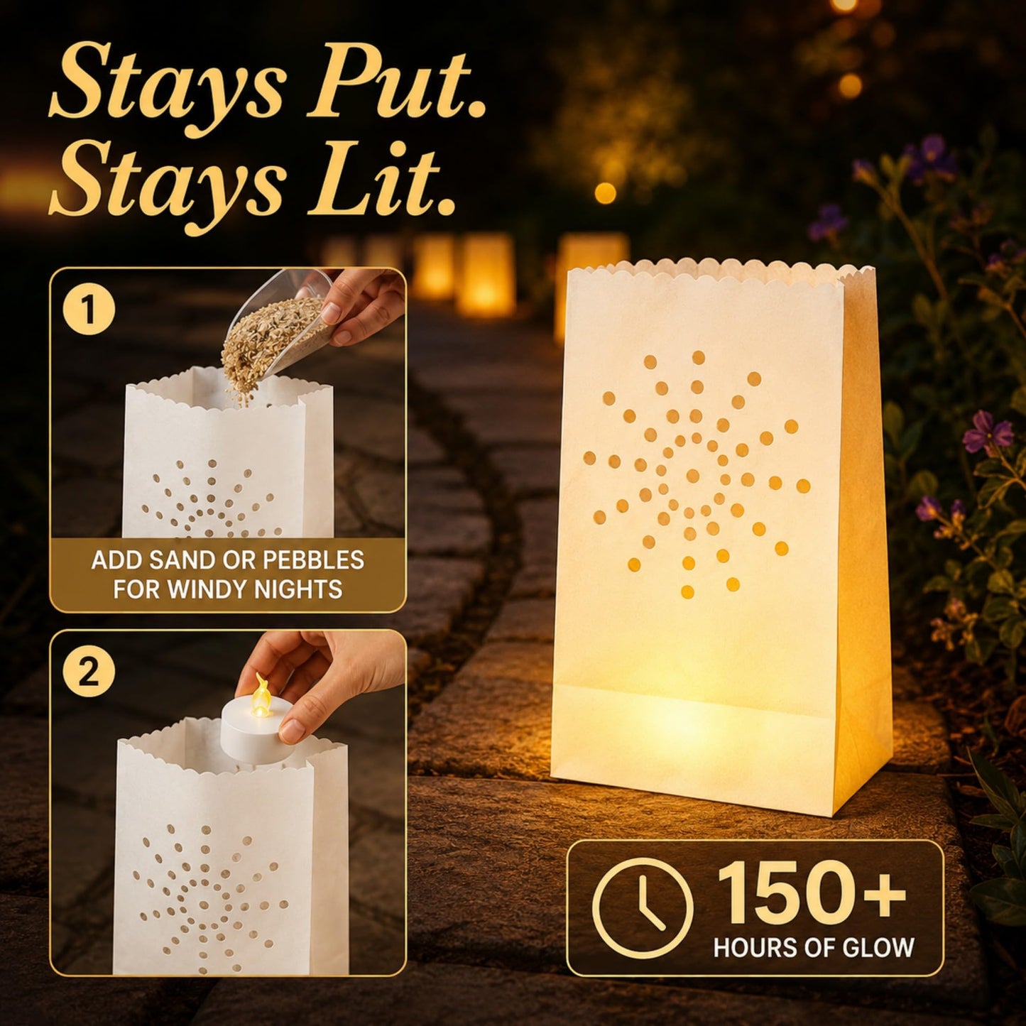 AceList 30 Sunburst Luminary Bags with Flameless Candles & Batteries - Reusable Outdoor Luminaries for Christmas Driveway, Walkway & Party - Moisture-Resistant Coated Paper Lanterns Set