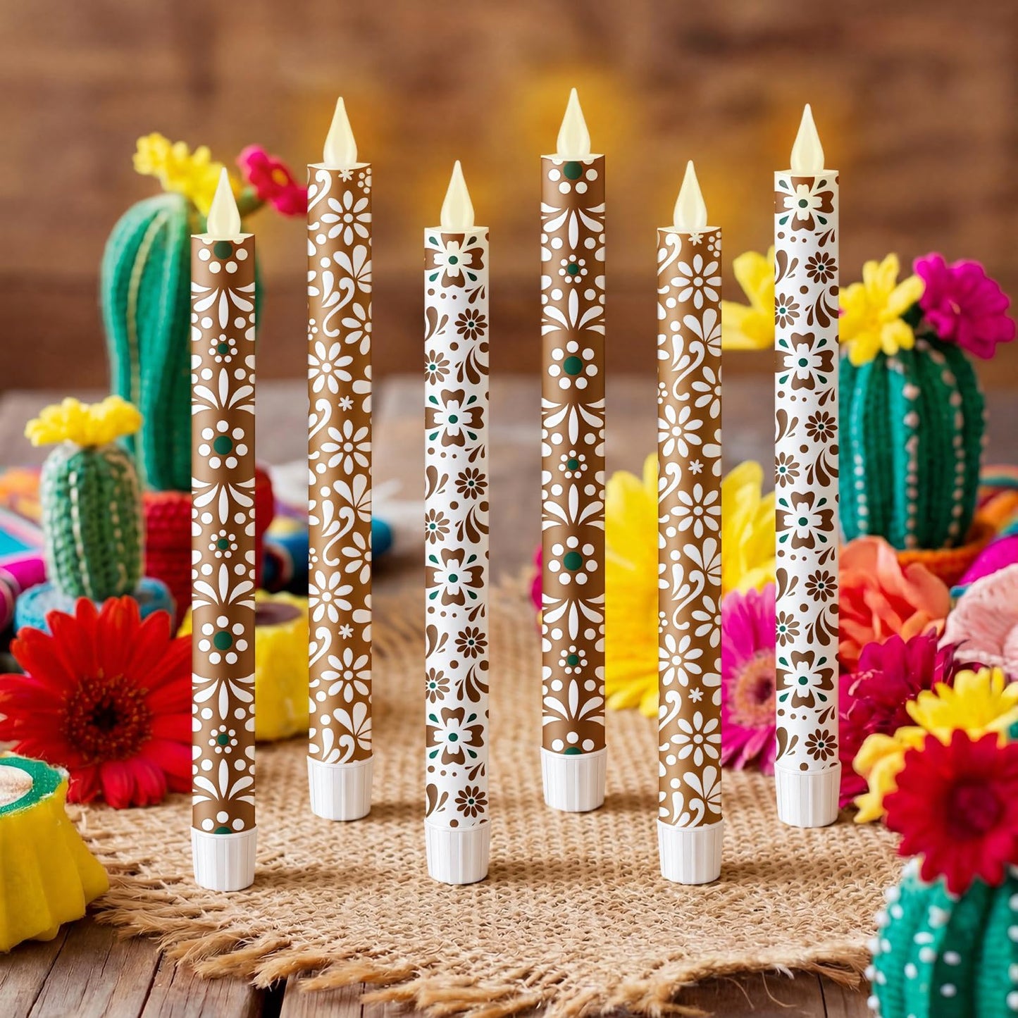 Lyrow 6 Pcs Mexican Cielito Lindo Flameless Taper Candles 11 Inch Real Wax LED Candles Flickering Battery Operated Candlesticks for Mexican Day of the Dead Home Dinner Holiday Decor Mexico Gifts