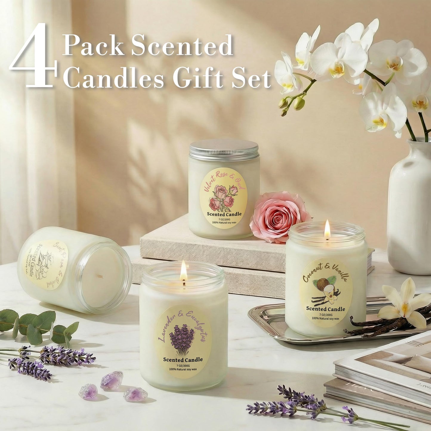 Scented Candles Gift Set 4 Pack, Soy Wax Aromatherapy Candles with Lavender Rose Coconut Vanilla, Long Lasting 200 Hours Burn, Non Toxic Home for Birthday Bath, Relaxation,Mothers Day, Gifts for Women