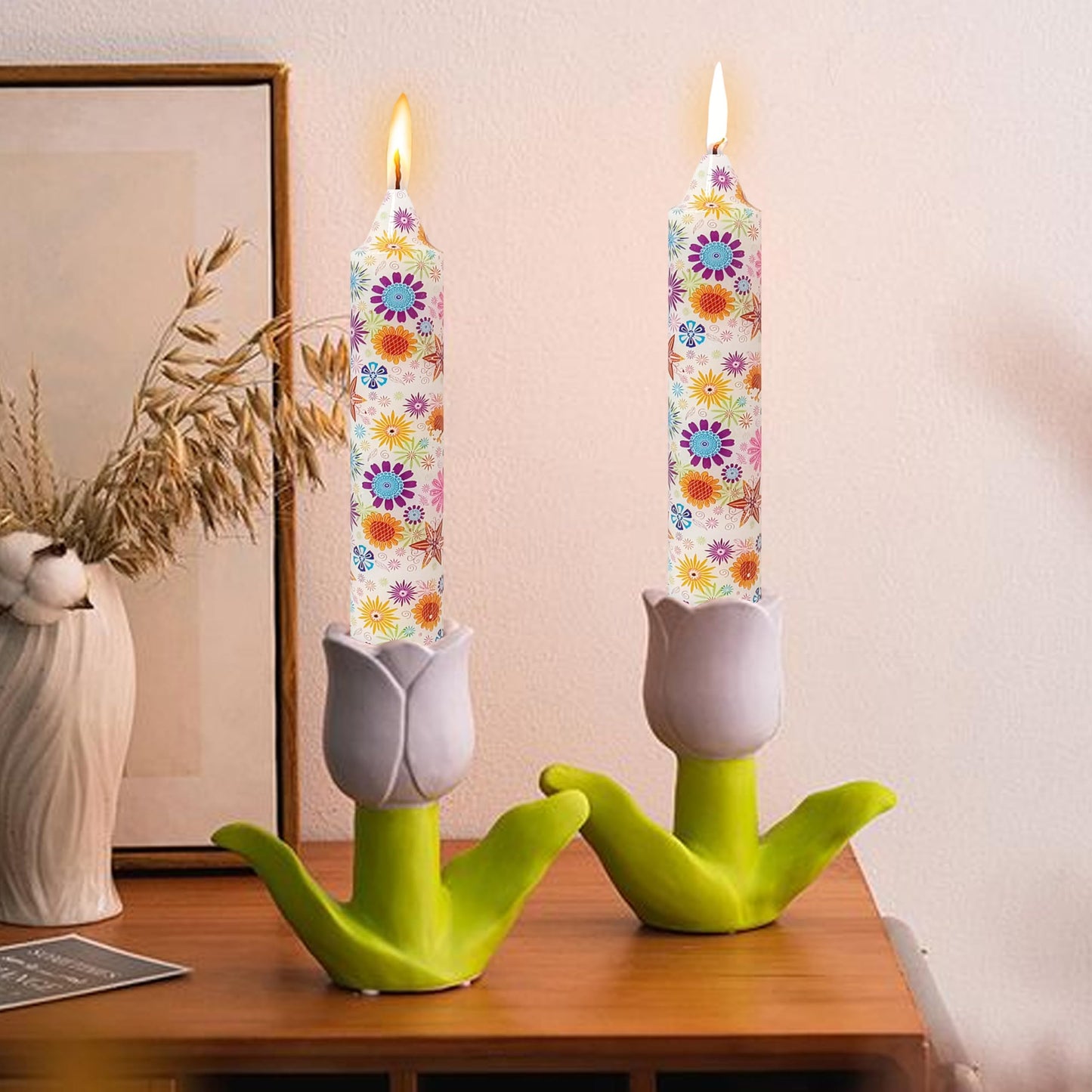 7 inch Short Candle Floral Candle Sticks Printed Candlestick Handmade Unscented Taper Candle 4 Pack Sunflower Tapered Candles for Home Dinner Wedding Holiday