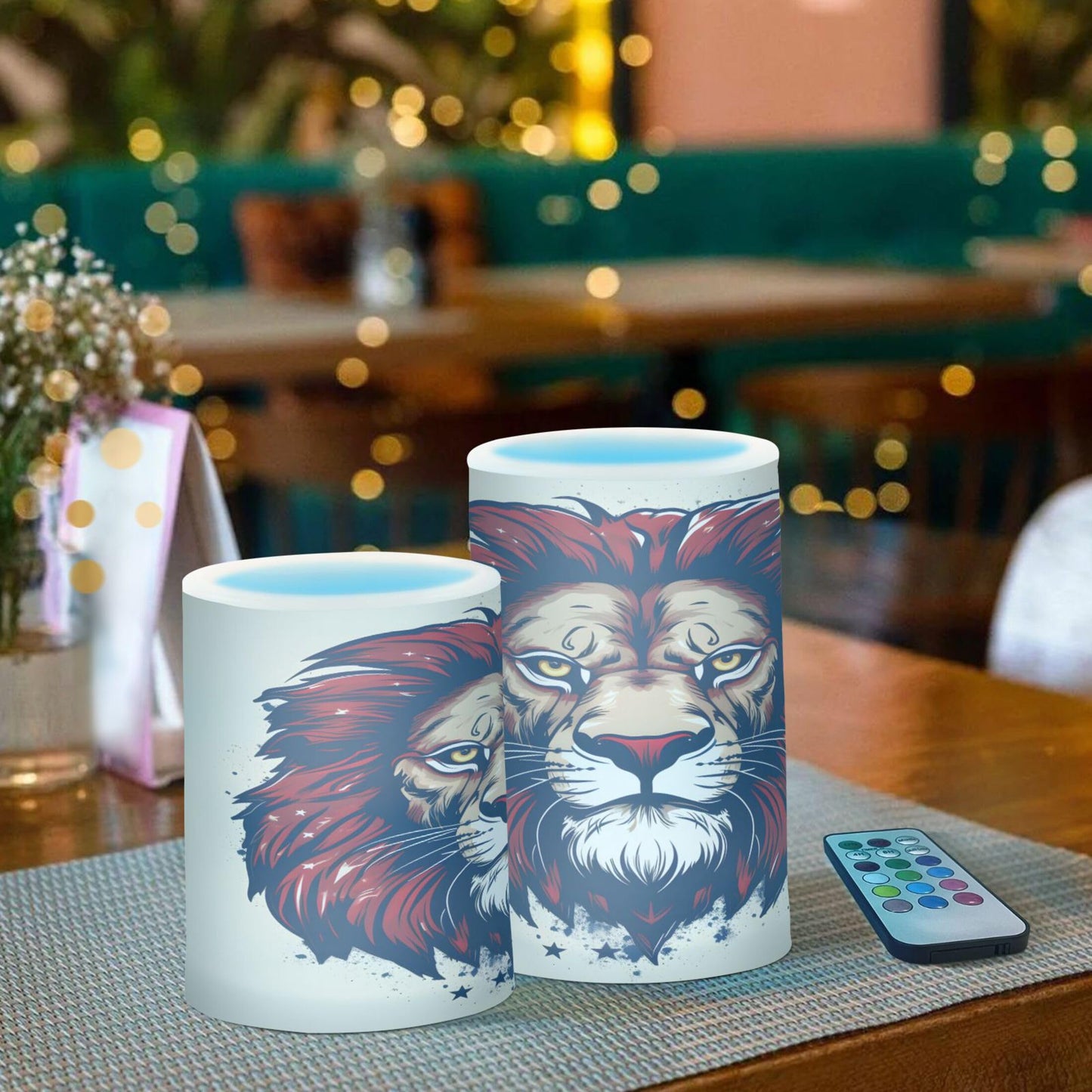 Grgvtei Flameless Candles Ferocious Lion Head Flickering LED Pillar Candles with Remote & Timer, Battery Operated Set of 2 Warm Glow for Wedding Party Home Decoration